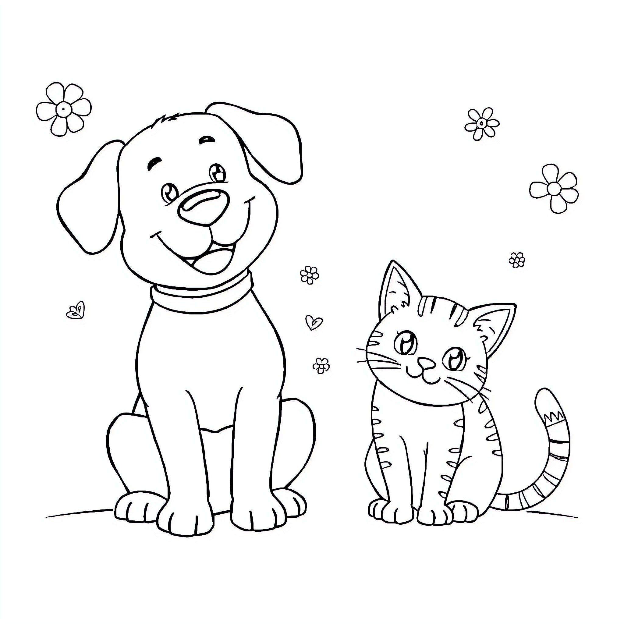 Dog and Cat enjoying each other's company Coloring Page (free black-and-white line drawing printable PDF for all, from beginners to advanced learners, including children, teens, adults, and seniors)
