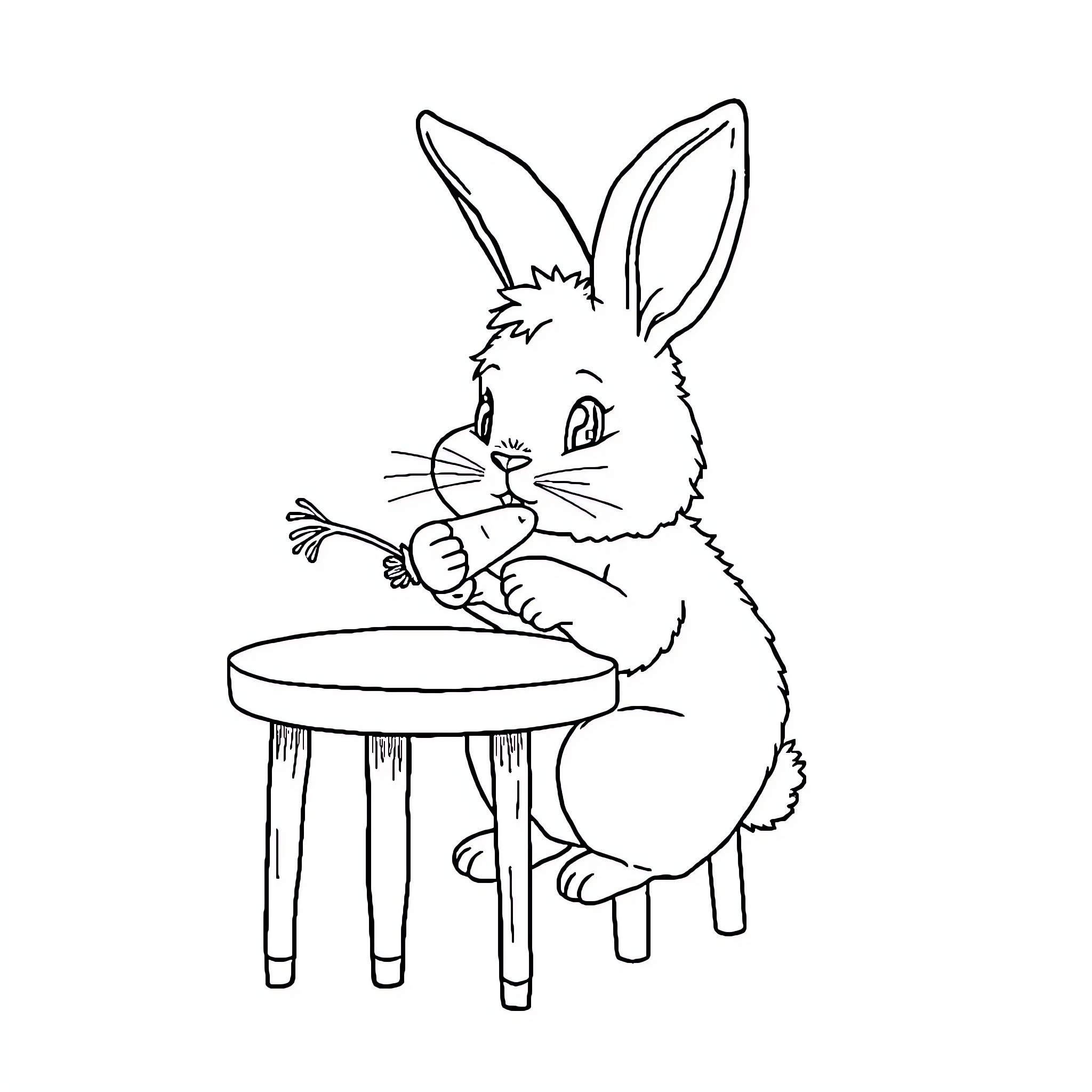 Bunny sitting at a small table Coloring Page (free black-and-white line drawing printable PDF for all, from beginners to advanced learners, including children, teens, adults, and seniors)