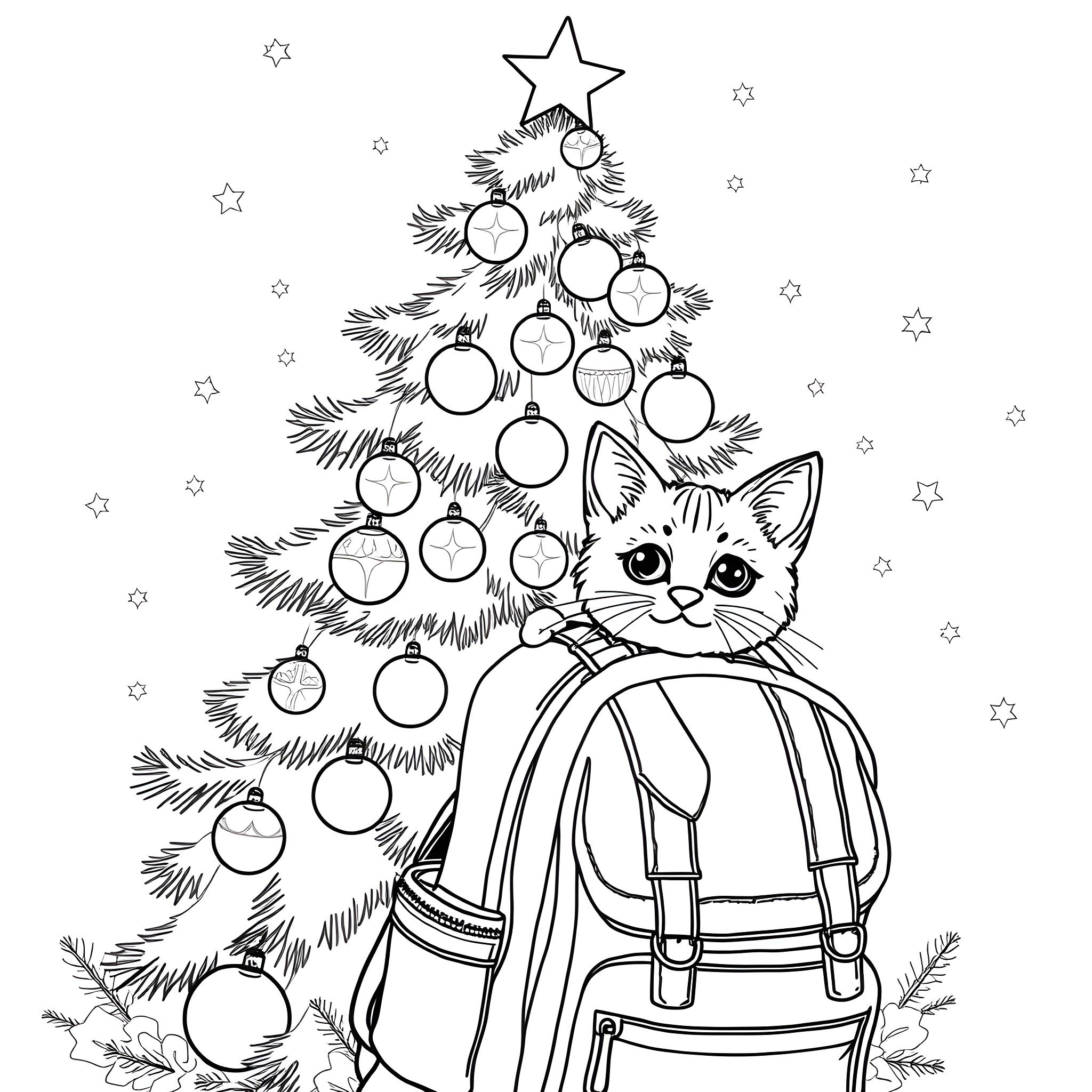 Christmas Tree with Curious Cat Coloring Page (free black-and-white line drawing printable PDF for all, from beginners to advanced learners, including children, teens, adults, and seniors)