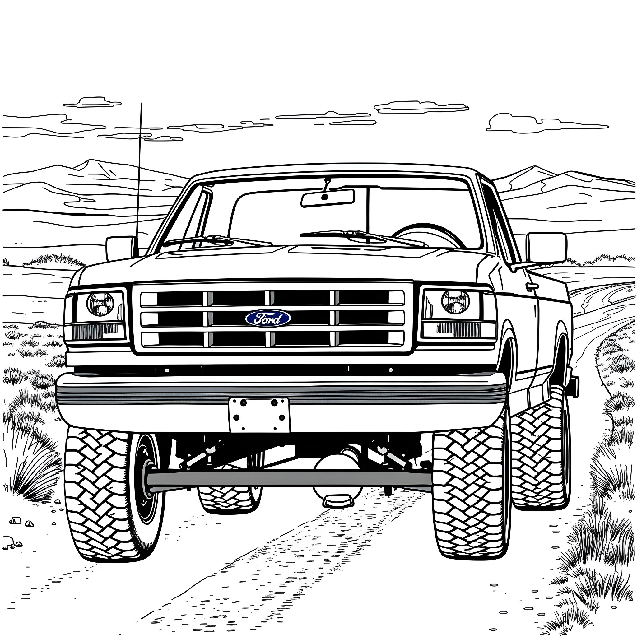Ford F250 Rugged Truck Traversing Countryside Coloring Page (free black-and-white line drawing printable PDF for all, from beginners to advanced learners, including children, teens, adults, and seniors)
