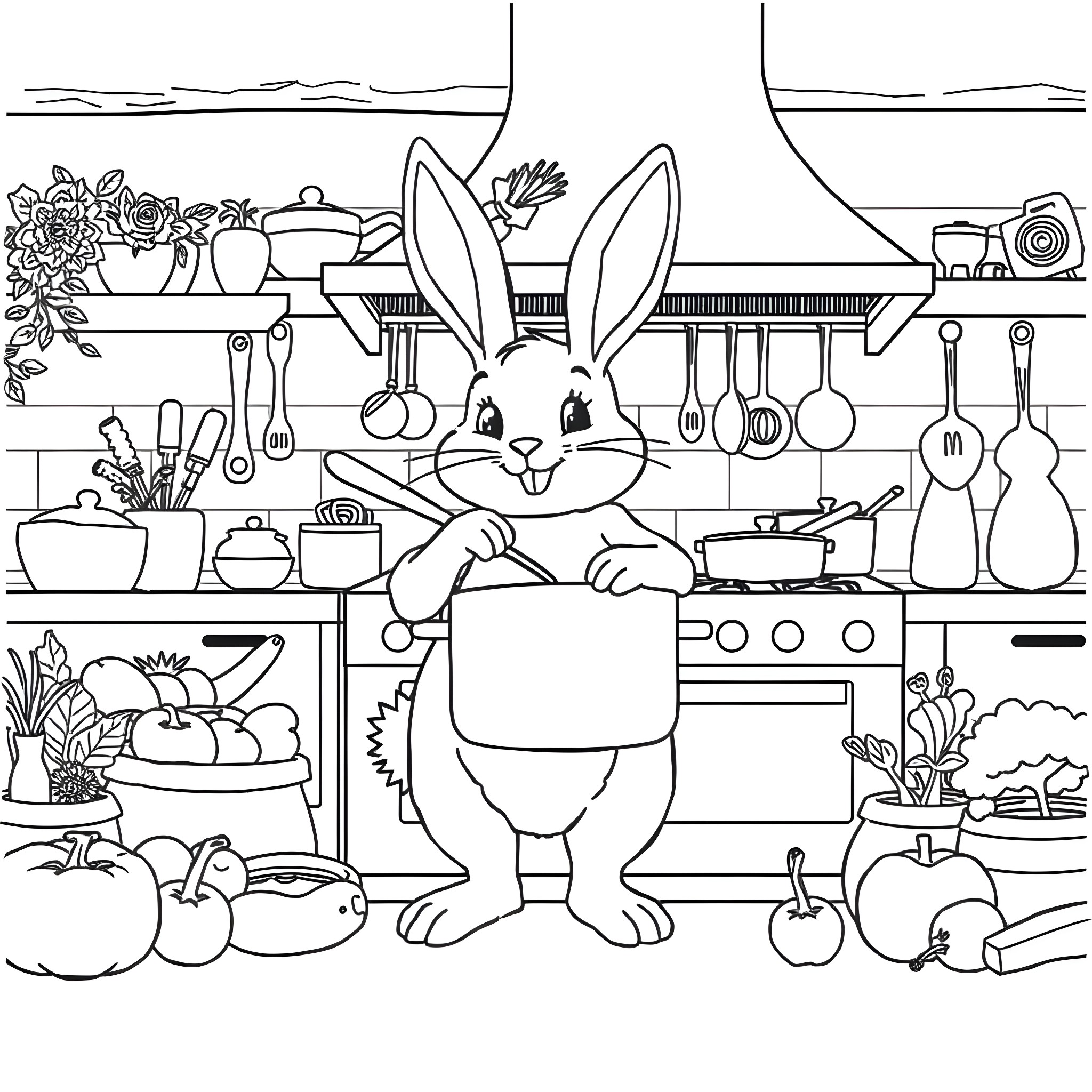 Bunny cooking in a kitchen with kitchenware Coloring Page (free black-and-white line drawing printable PDF for all, from beginners to advanced learners, including children, teens, adults, and seniors)