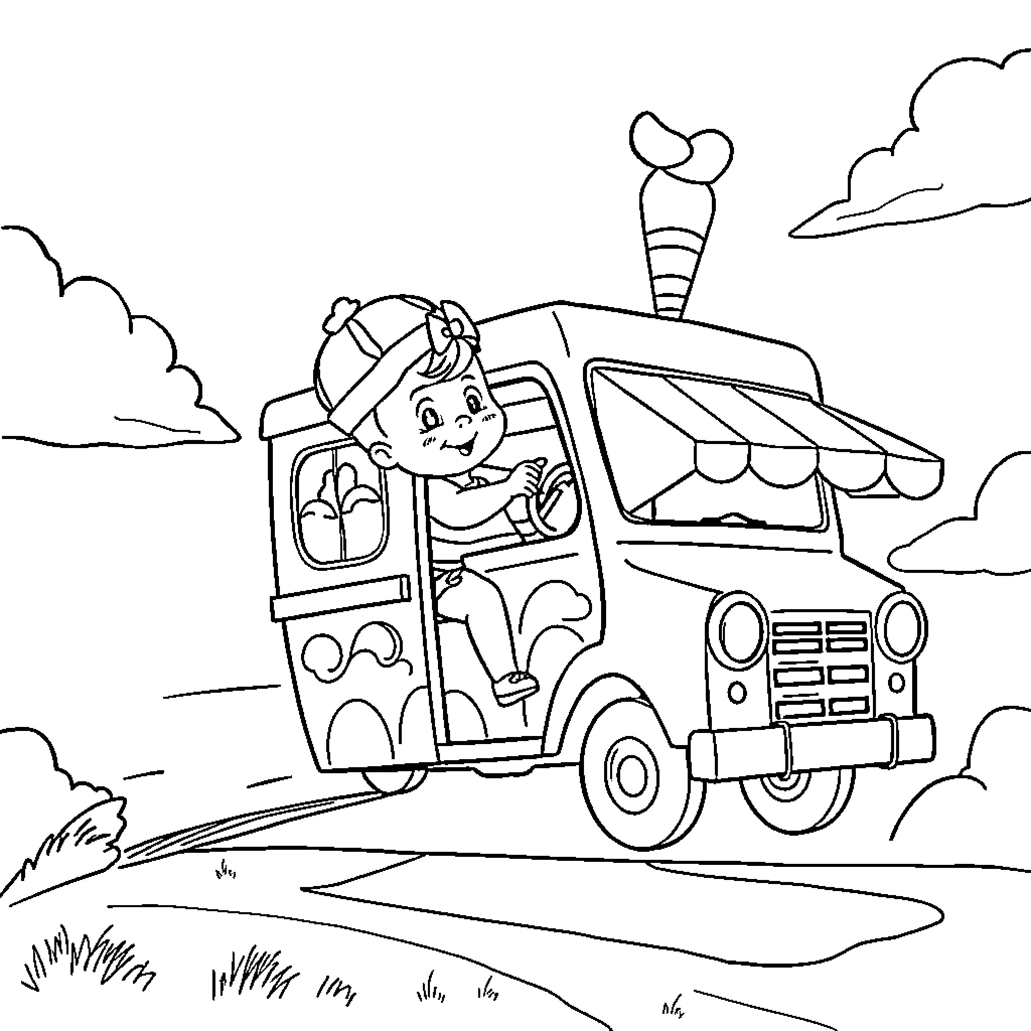 Baby driving a colorful vehicle on a countryside road Coloring Page (free black-and-white line drawing printable PDF for all, from beginners to advanced learners, including children, teens, adults, and seniors)