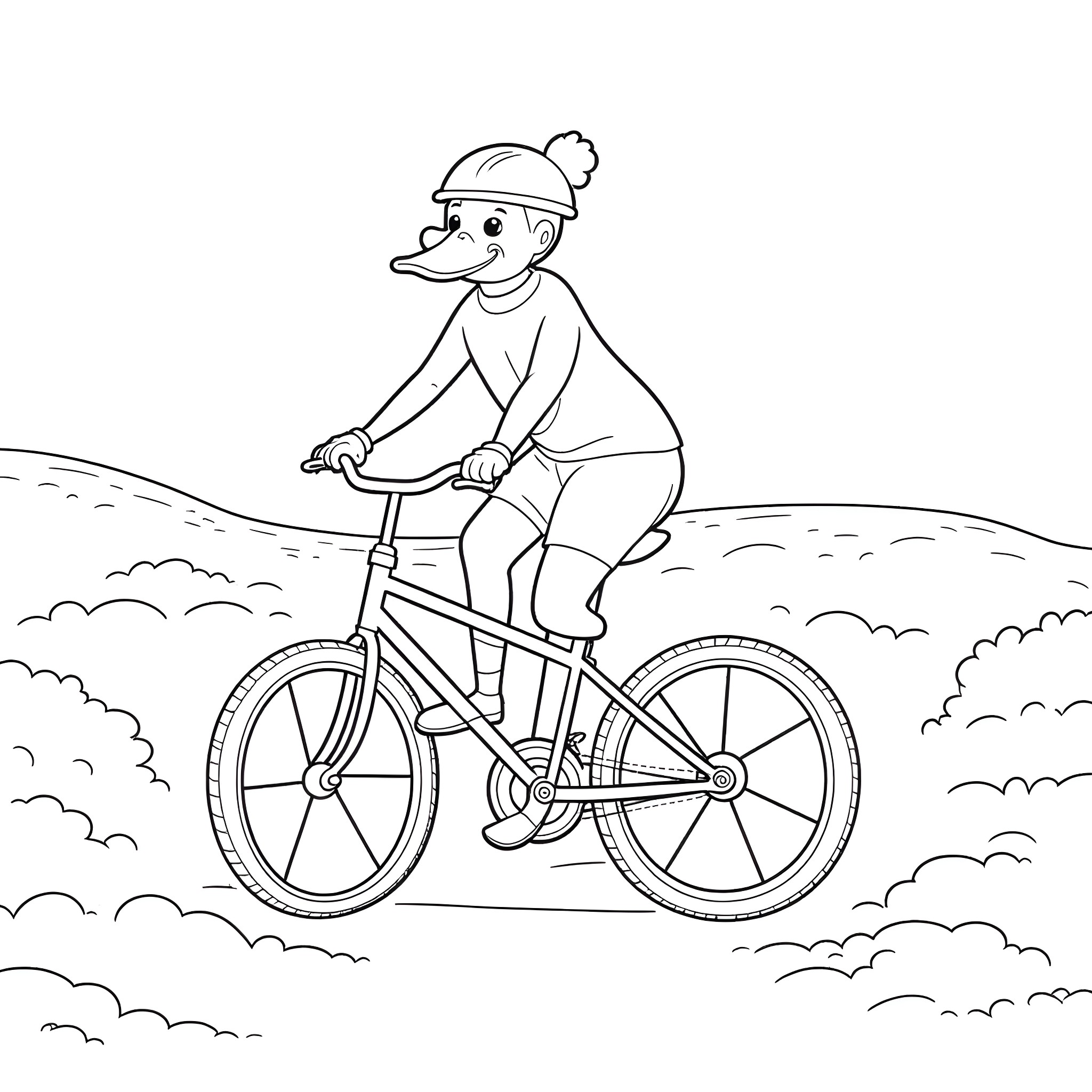 Duck riding a bicycle in the park Coloring Page (free black-and-white line drawing printable PDF for all, from beginners to advanced learners, including children, teens, adults, and seniors)