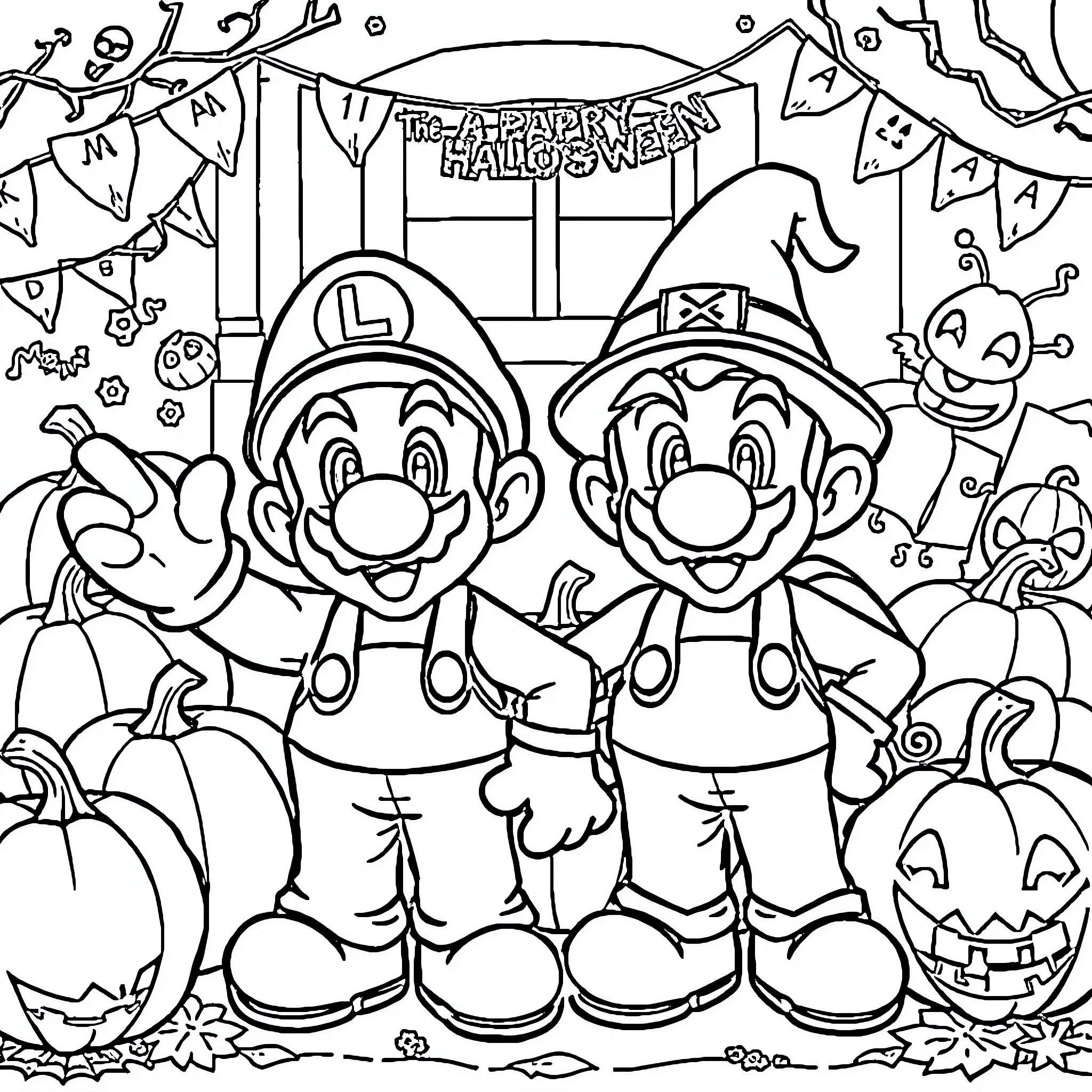 Mario and Luigi's Halloween Adventure Coloring Page (free black-and-white line drawing printable PDF for all, from beginners to advanced learners, including children, teens, adults, and seniors)