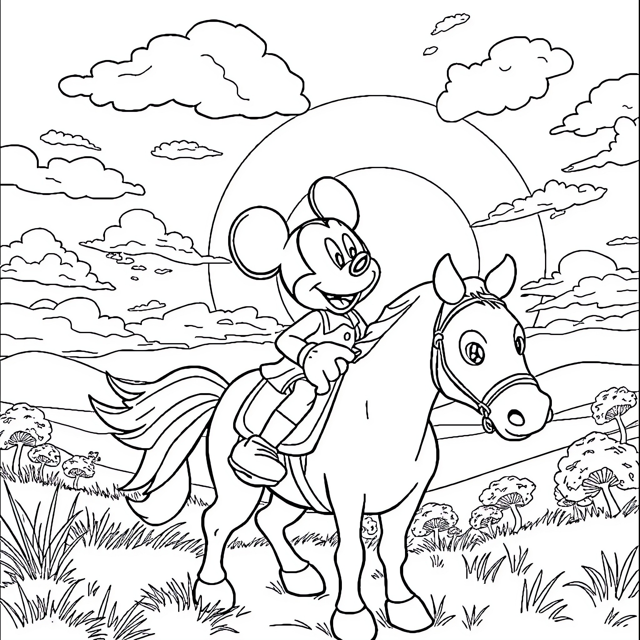 Mickey Mouse riding a horse in a scenic landscape Coloring Page (free black-and-white line drawing printable PDF for all, from beginners to advanced learners, including children, teens, adults, and seniors)