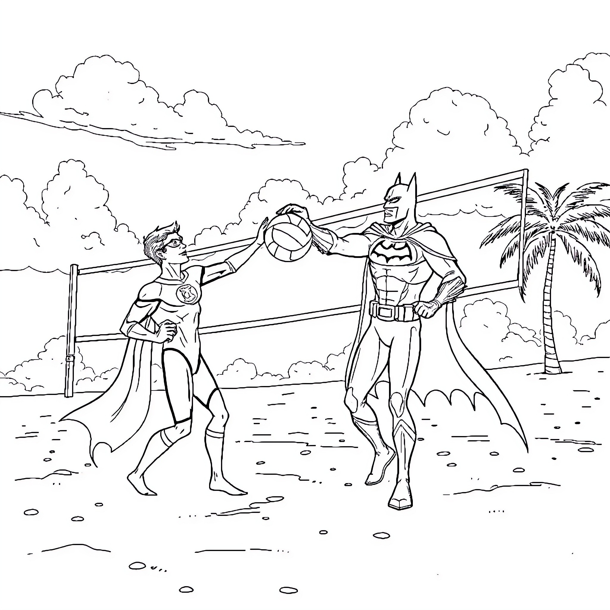 Green Lantern and Batman engage in epic beachside showdown Coloring Page (free black-and-white line drawing printable PDF for all, from beginners to advanced learners, including children, teens, adults, and seniors)