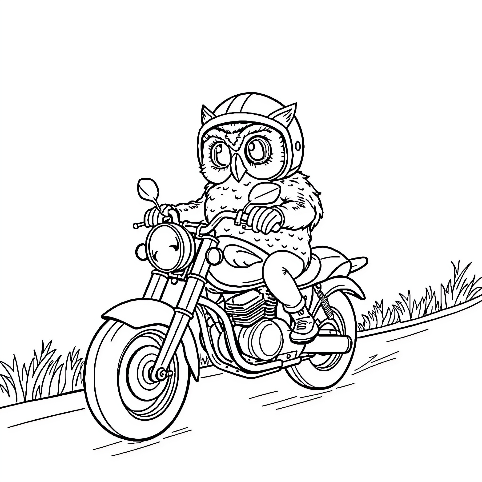 Owl riding a motorcycle on the road Coloring Page (free black-and-white line drawing printable PDF for all, from beginners to advanced learners, including children, teens, adults, and seniors)