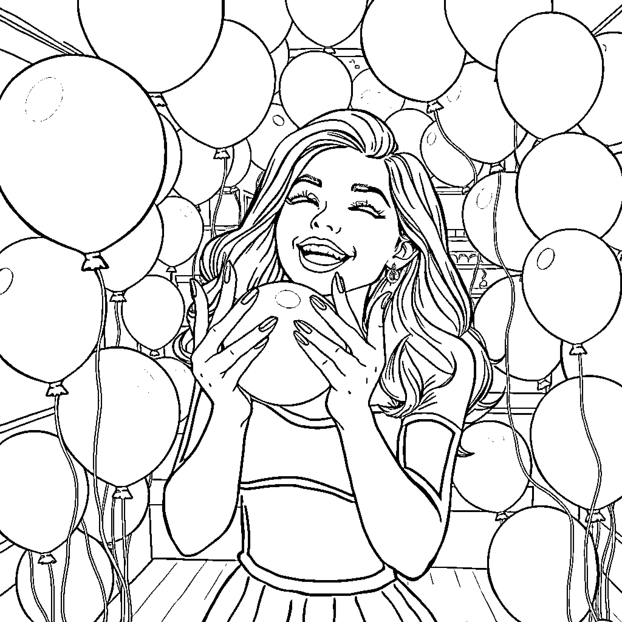 Lady celebrating with joy and balloons Coloring Page (free black-and-white line drawing printable PDF for all, from beginners to advanced learners, including children, teens, adults, and seniors)