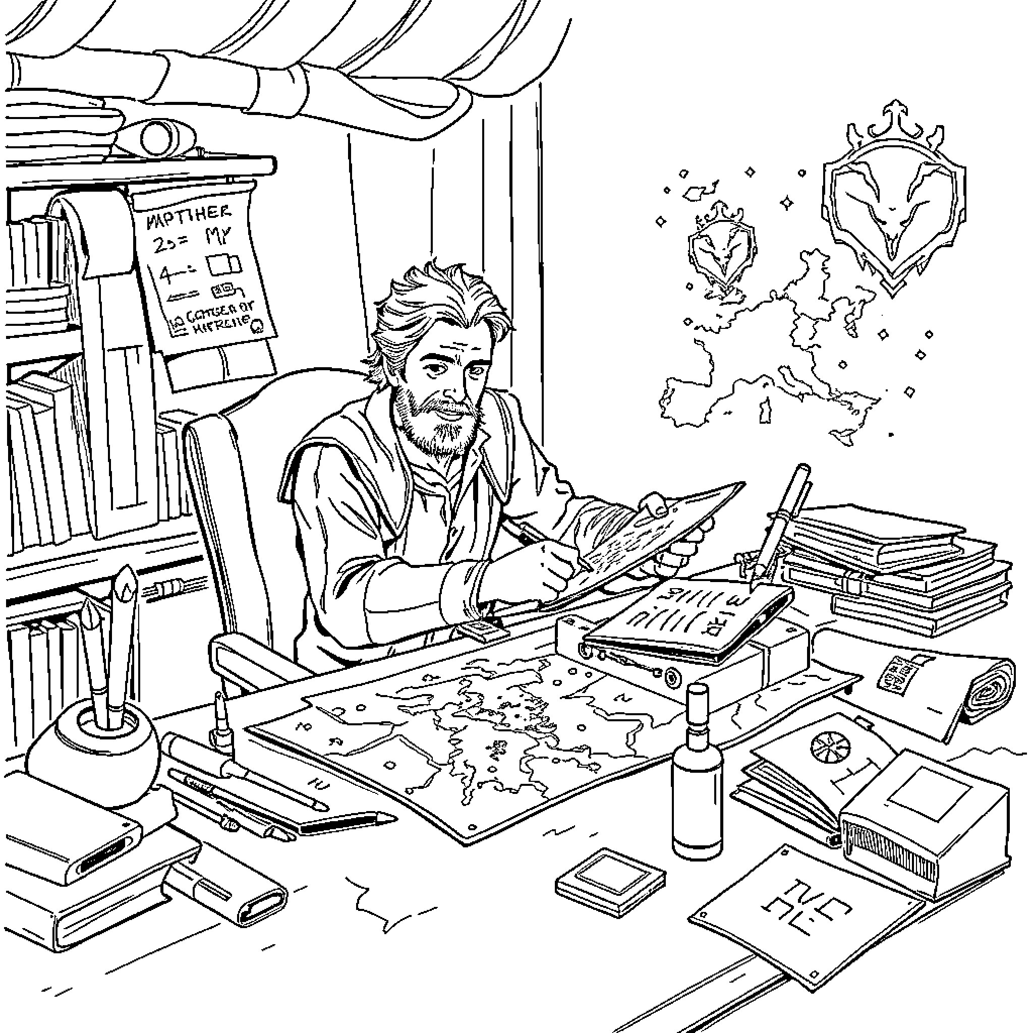 Matthew Mercer hard at work in his creative studio Coloring Page (free black-and-white line drawing printable PDF for all, from beginners to advanced learners, including children, teens, adults, and seniors)