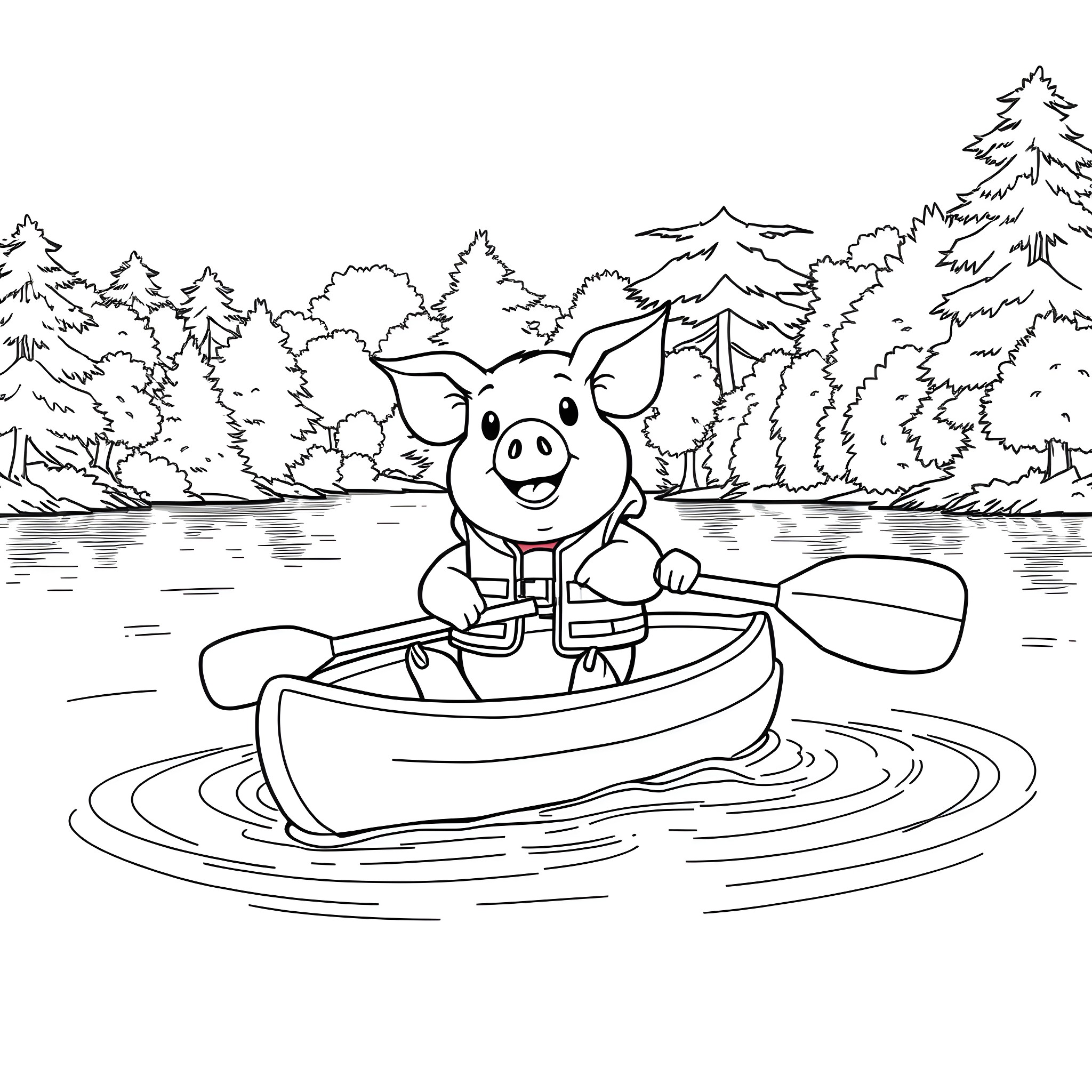 Pig paddling a boat in the forest lake Coloring Page (free black-and-white line drawing printable PDF for all, from beginners to advanced learners, including children, teens, adults, and seniors)