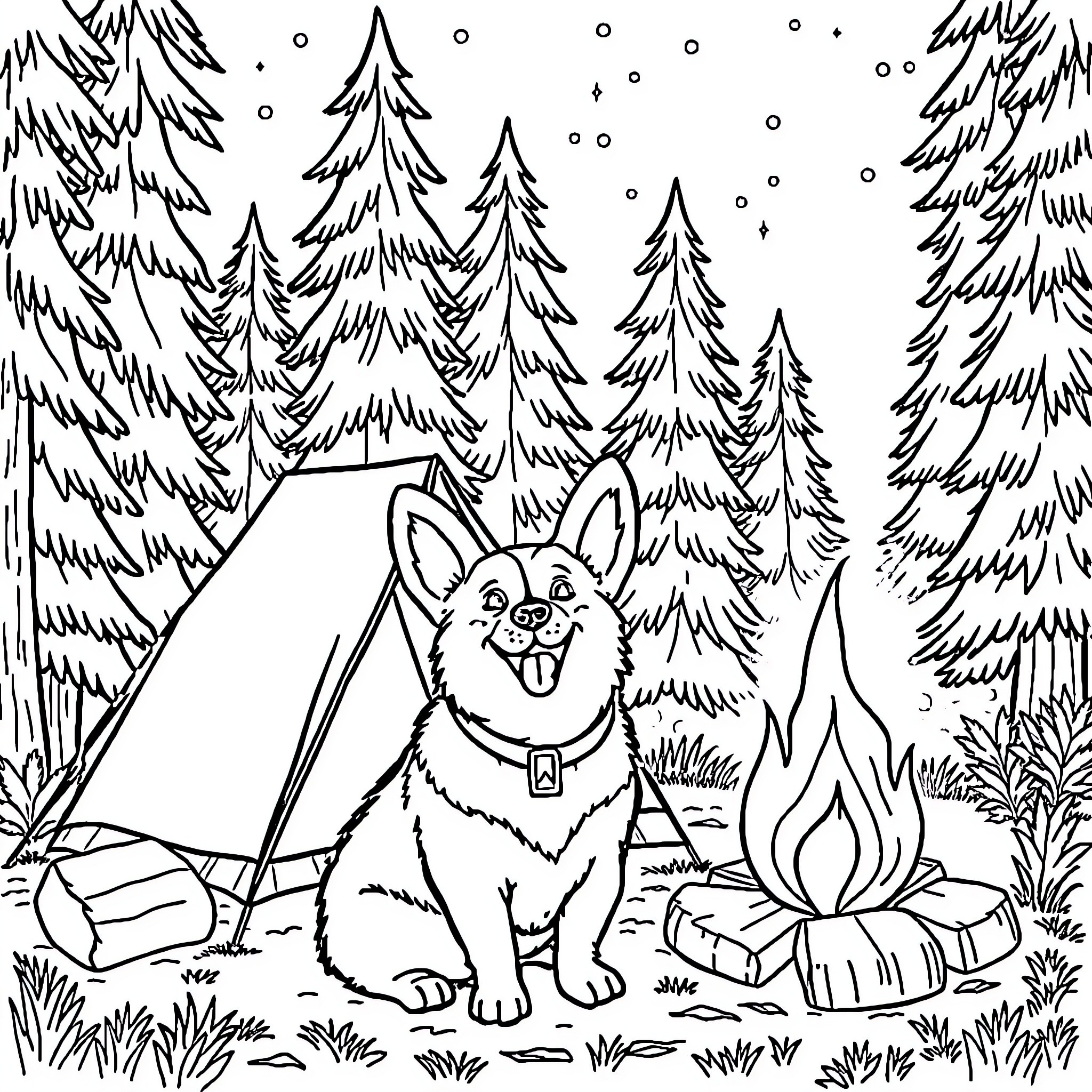 Corgi Enjoying Camping Adventure in the Wilderness Coloring Page (free black-and-white line drawing printable PDF for all, from beginners to advanced learners, including children, teens, adults, and seniors)