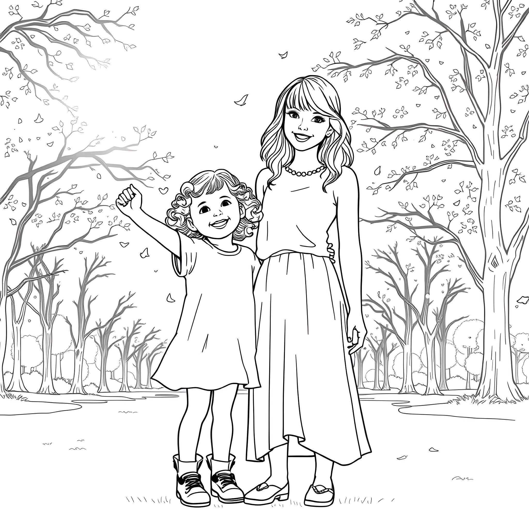 Girl and her sister playing in autumn forest Coloring Page (free black-and-white line drawing printable PDF for all, from beginners to advanced learners, including children, teens, adults, and seniors)
