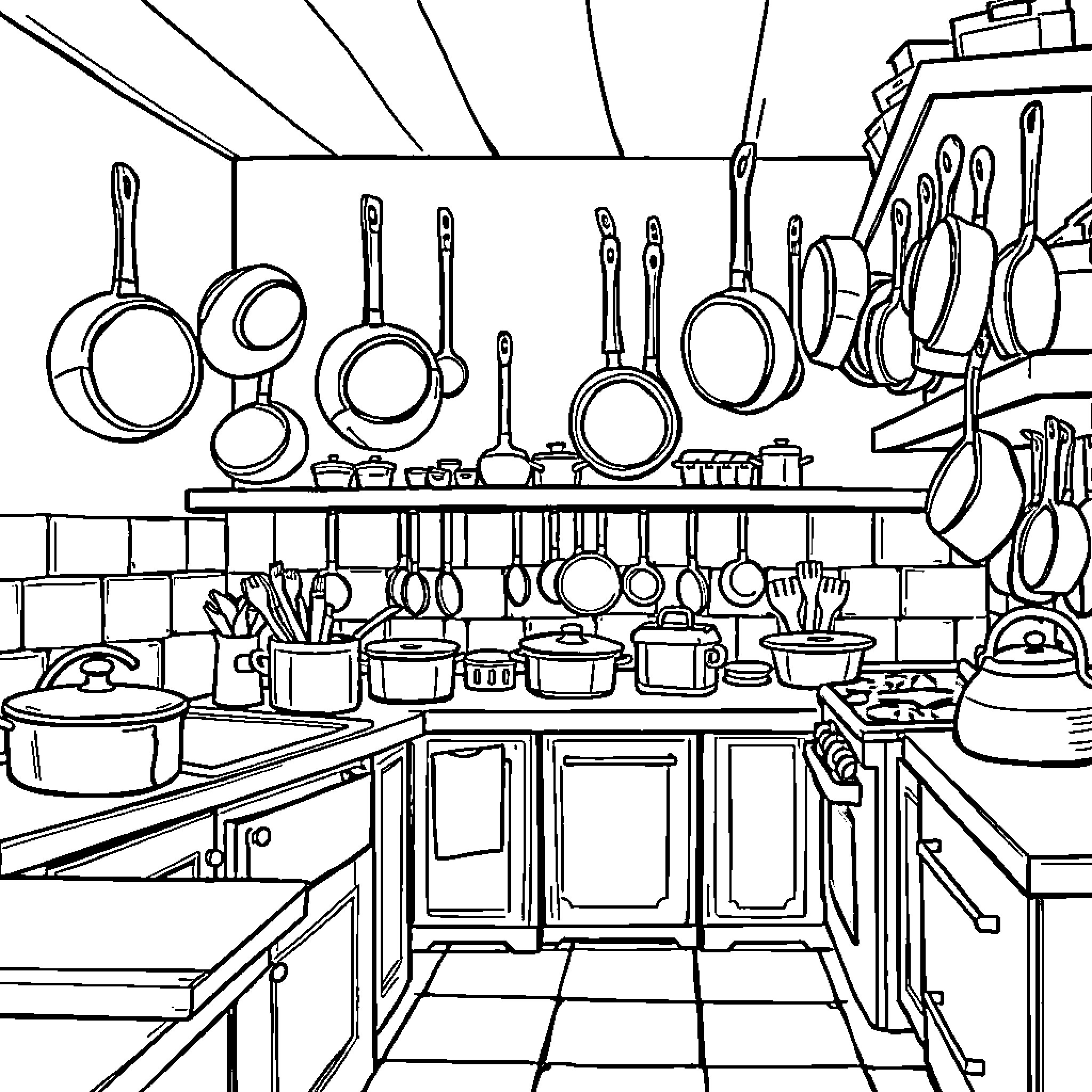 Kitchen stocked with various cooking utensils and cookware Coloring Page (free black-and-white line drawing printable PDF for all, from beginners to advanced learners, including children, teens, adults, and seniors)