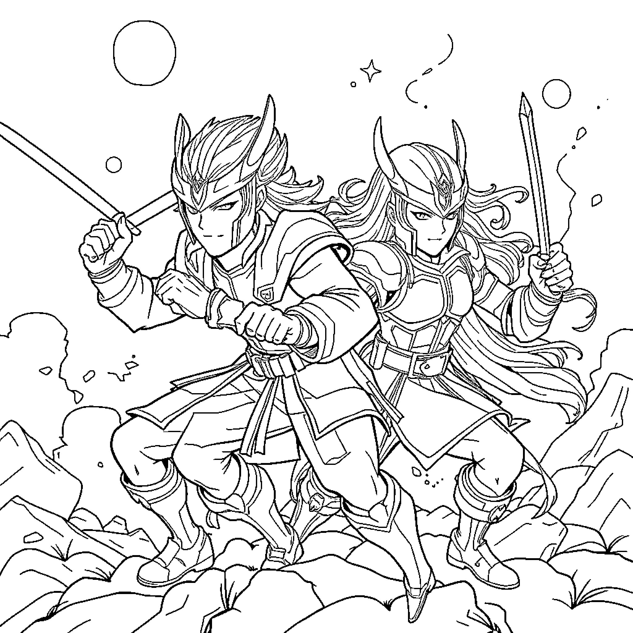 K Pop Warrior Duo in Epic Clash Coloring Page (free black-and-white line drawing printable PDF for all, from beginners to advanced learners, including children, teens, adults, and seniors)