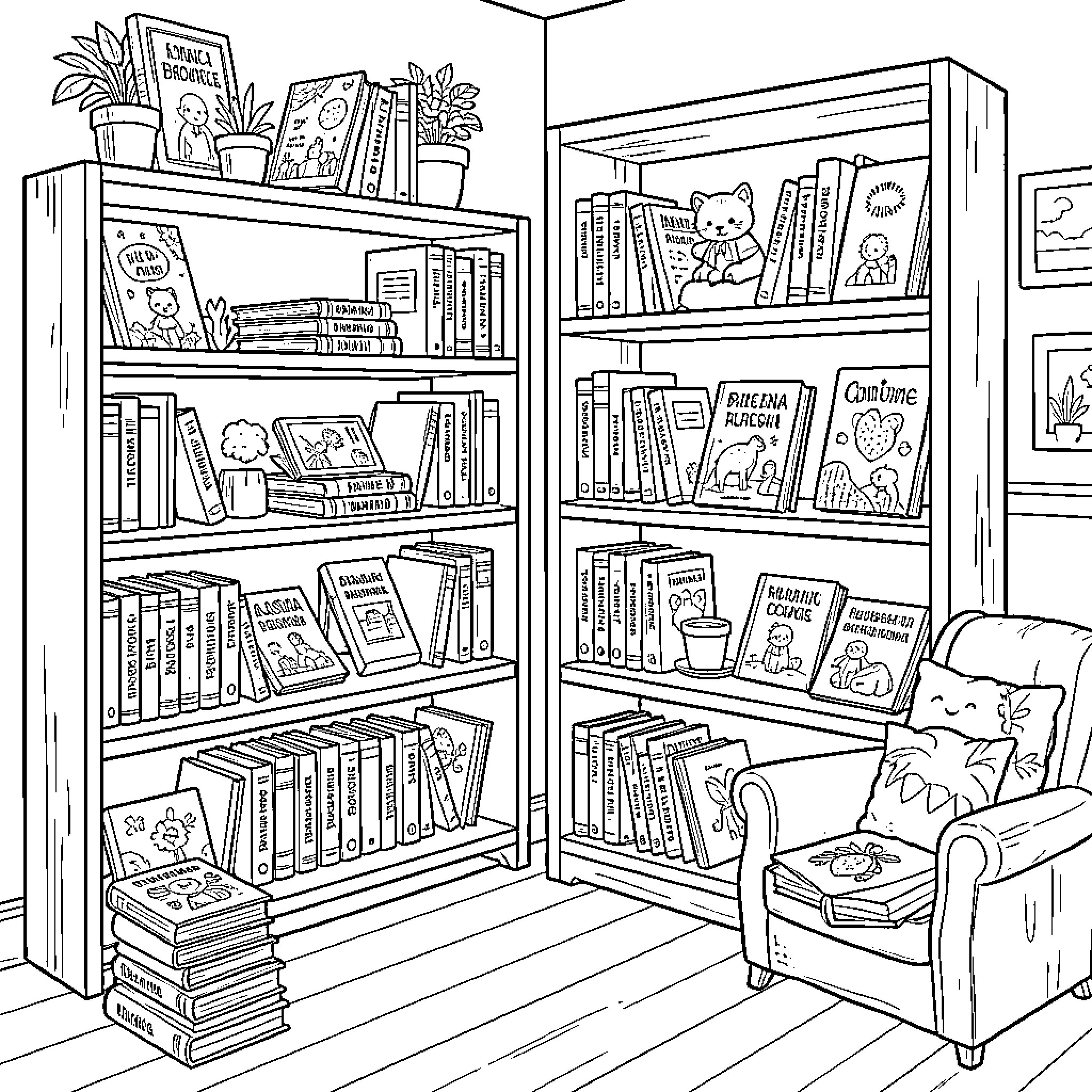 Rincón de Lectura with books and cozy furniture Coloring Page (free black-and-white line drawing printable PDF for all, from beginners to advanced learners, including children, teens, adults, and seniors)