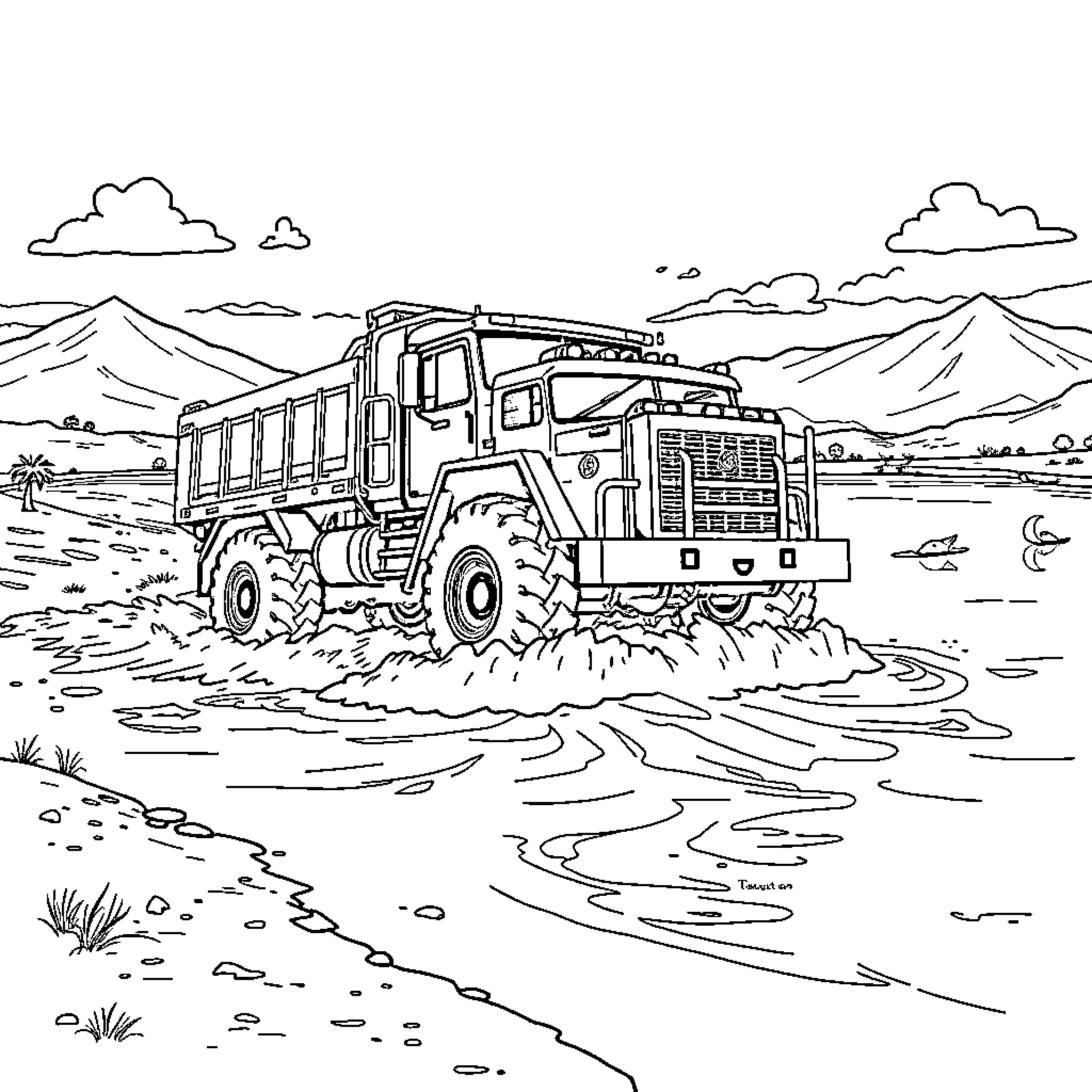 Amphibian Truck Traversing Mountainous Terrain Coloring Page (free black-and-white line drawing printable PDF for all, from beginners to advanced learners, including children, teens, adults, and seniors)