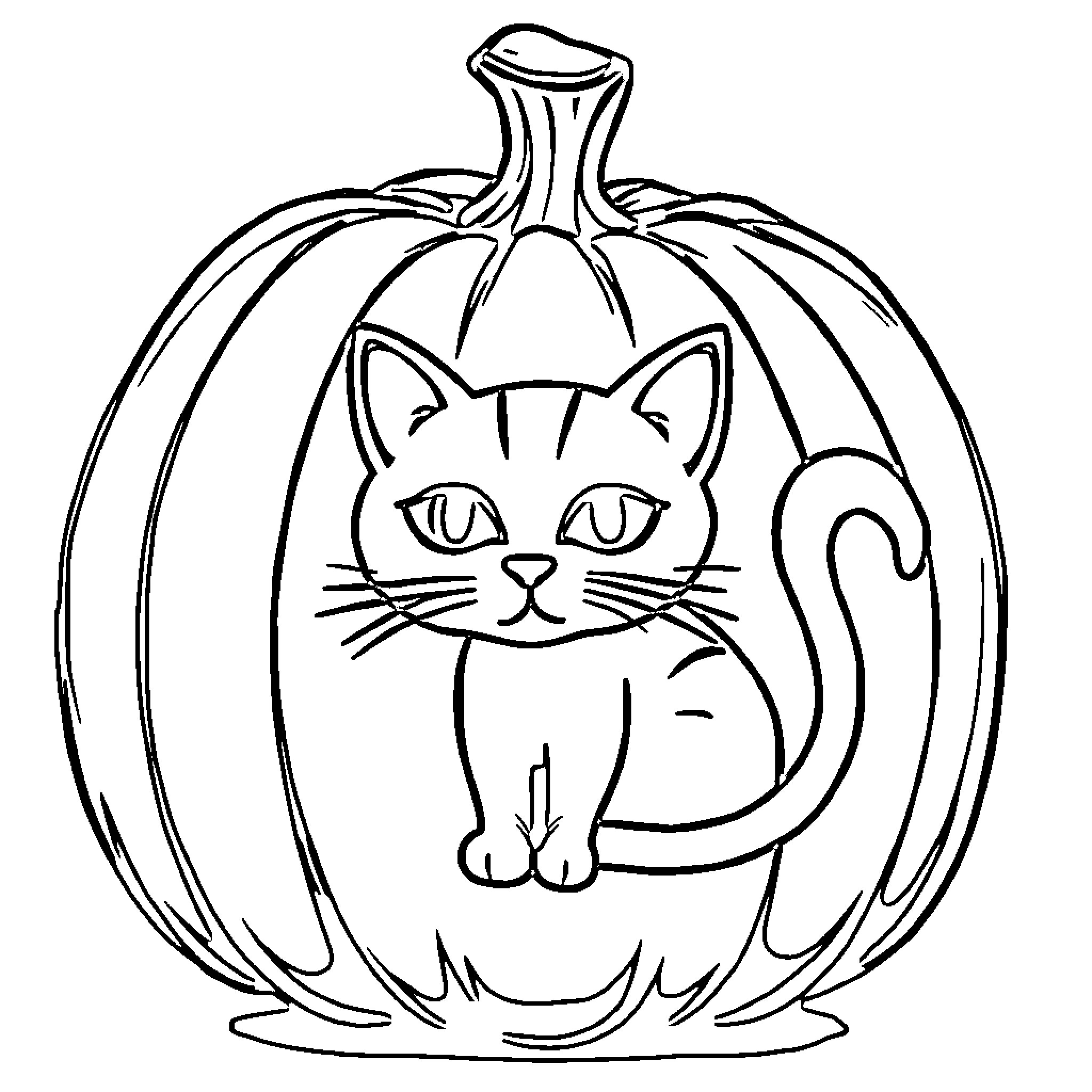 Cat inside carved pumpkin Coloring Page (free black-and-white line drawing printable PDF for all, from beginners to advanced learners, including children, teens, adults, and seniors)