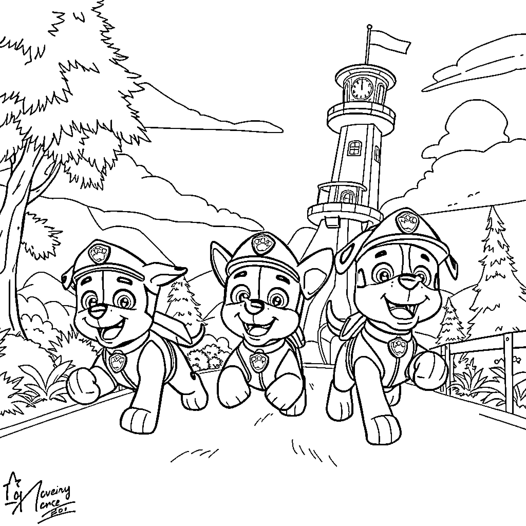 Paw Patrol characters exploring a scenic landscape Coloring Page (free black-and-white line drawing printable PDF for all, from beginners to advanced learners, including children, teens, adults, and seniors)