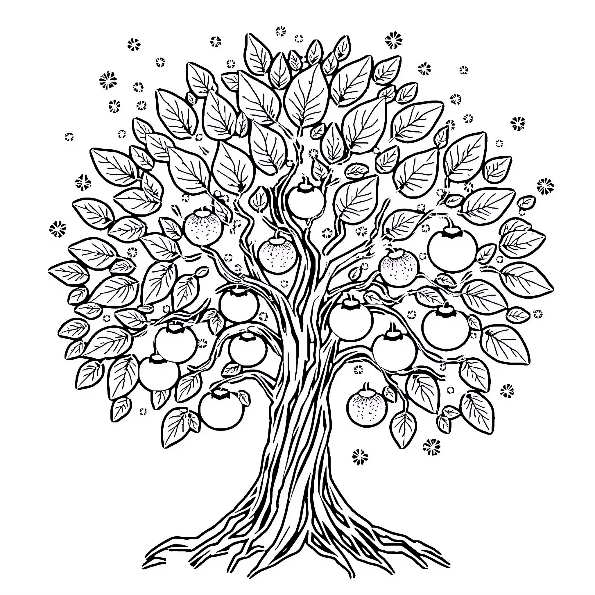 Tree with Bountiful Fruit and Foliage Coloring Page (free black-and-white line drawing printable PDF for all, from beginners to advanced learners, including children, teens, adults, and seniors)