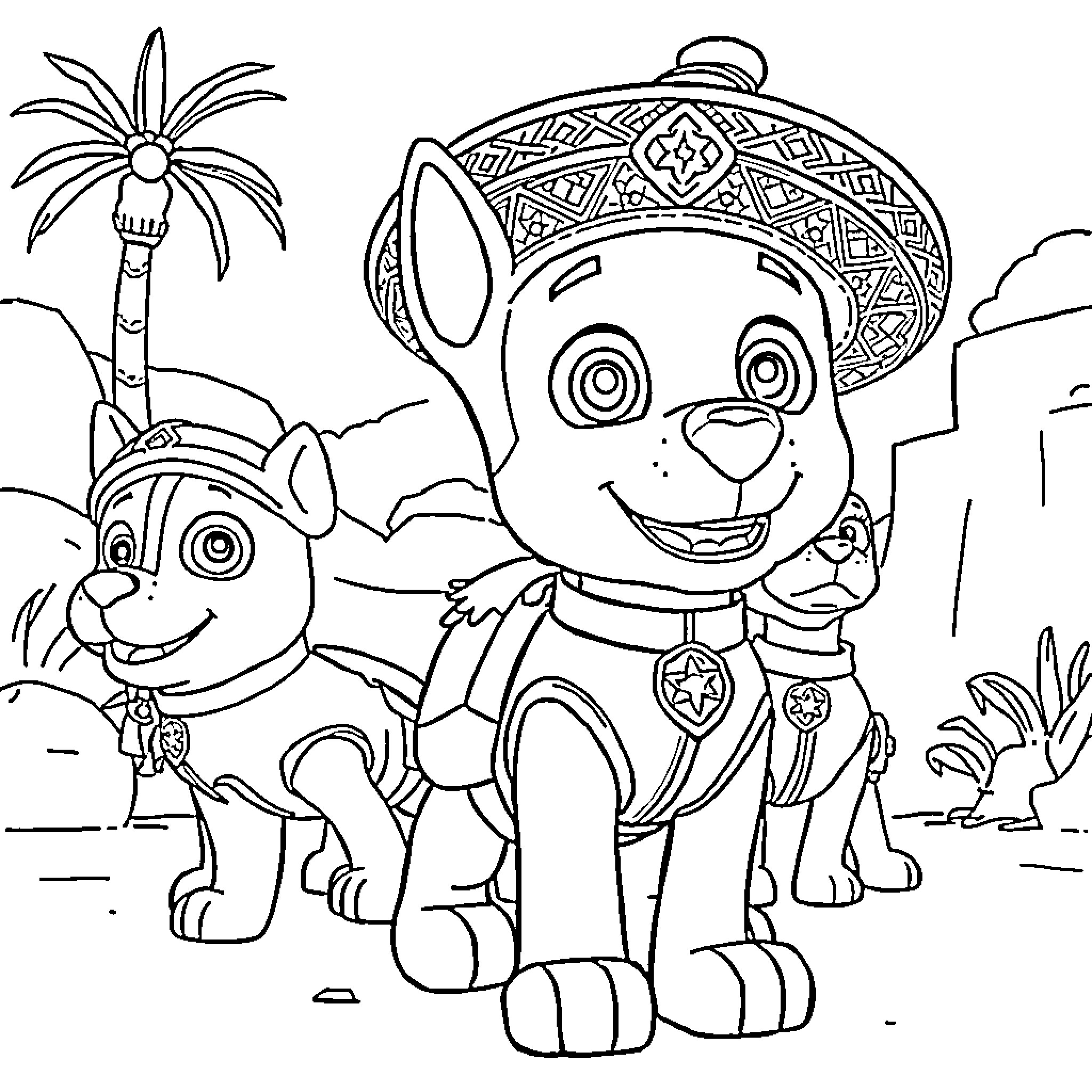 Marshall and friends exploring a tropical desert landscape Coloring Page (free black-and-white line drawing printable PDF for all, from beginners to advanced learners, including children, teens, adults, and seniors)