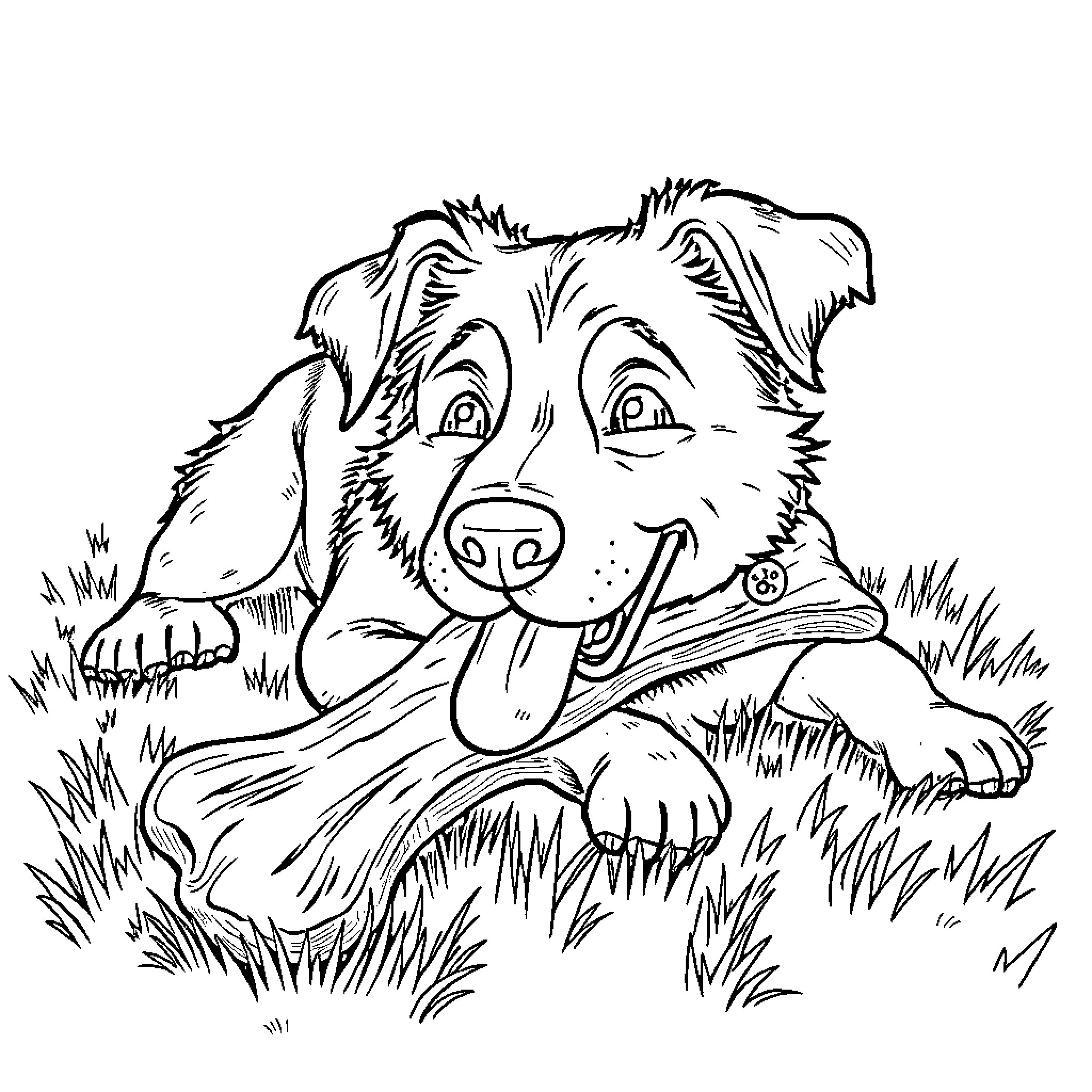 Dog playing happily with stick in the grass Coloring Page (free black-and-white line drawing printable PDF for all, from beginners to advanced learners, including children, teens, adults, and seniors)