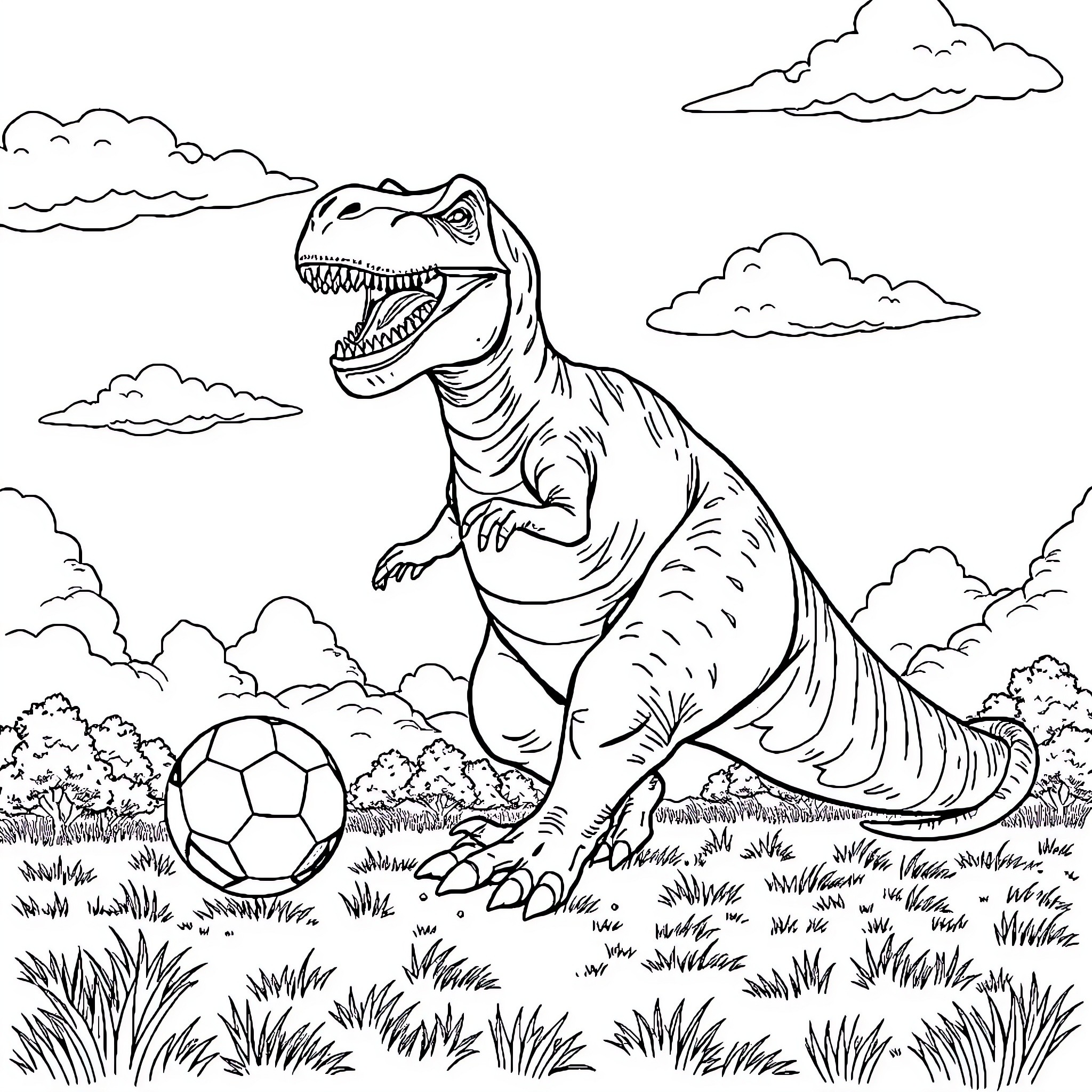 Dinosaur playing with soccer ball in the wild Coloring Page (free black-and-white line drawing printable PDF for all, from beginners to advanced learners, including children, teens, adults, and seniors)