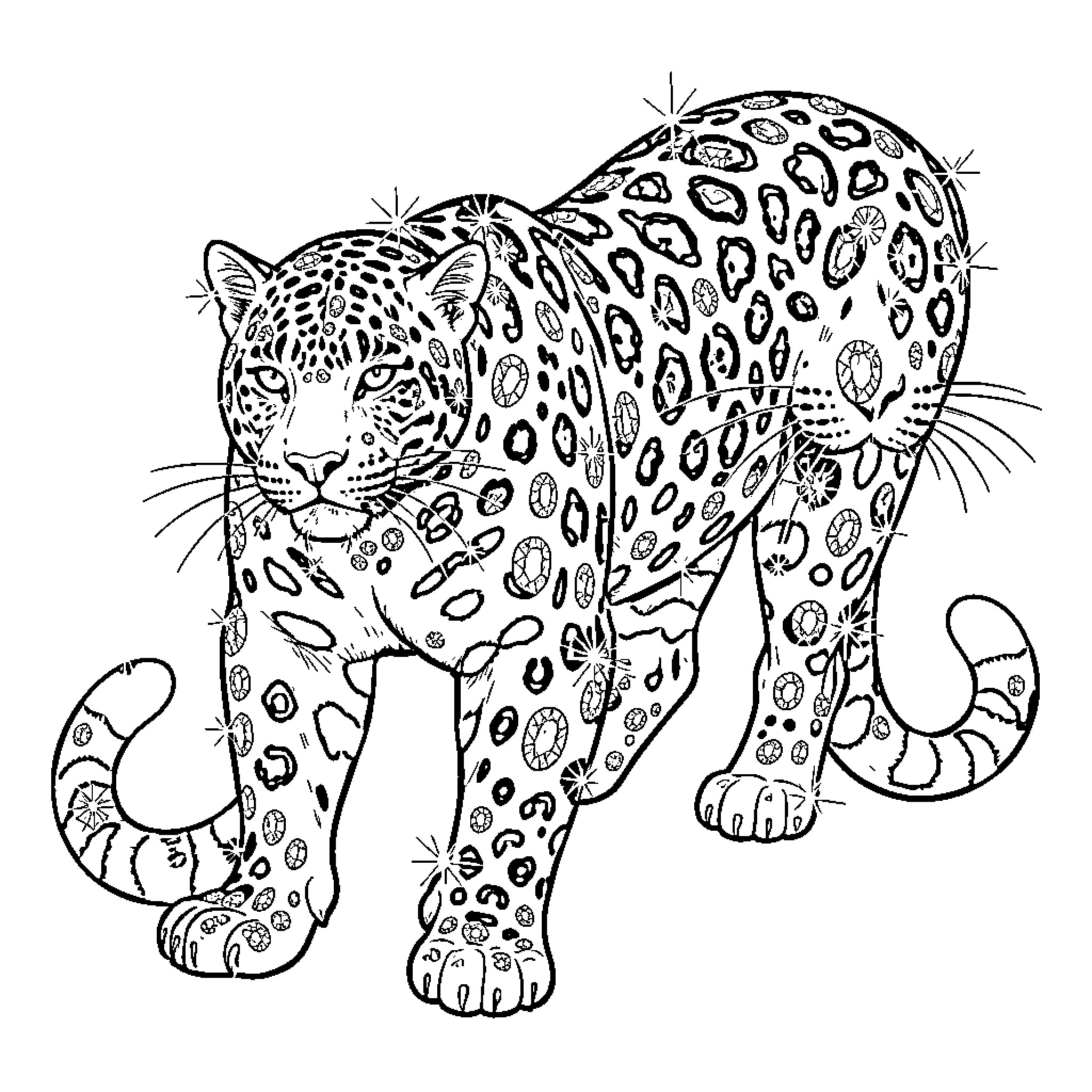 Jaguar stalking in the wilderness Coloring Page (free black-and-white line drawing printable PDF for all, from beginners to advanced learners, including children, teens, adults, and seniors)