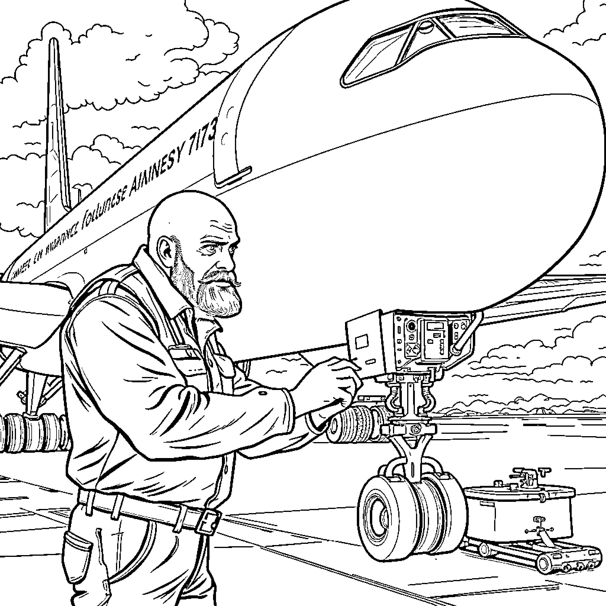 Aviation engineer inspecting aircraft equipment Coloring Page (free black-and-white line drawing printable PDF for all, from beginners to advanced learners, including children, teens, adults, and seniors)