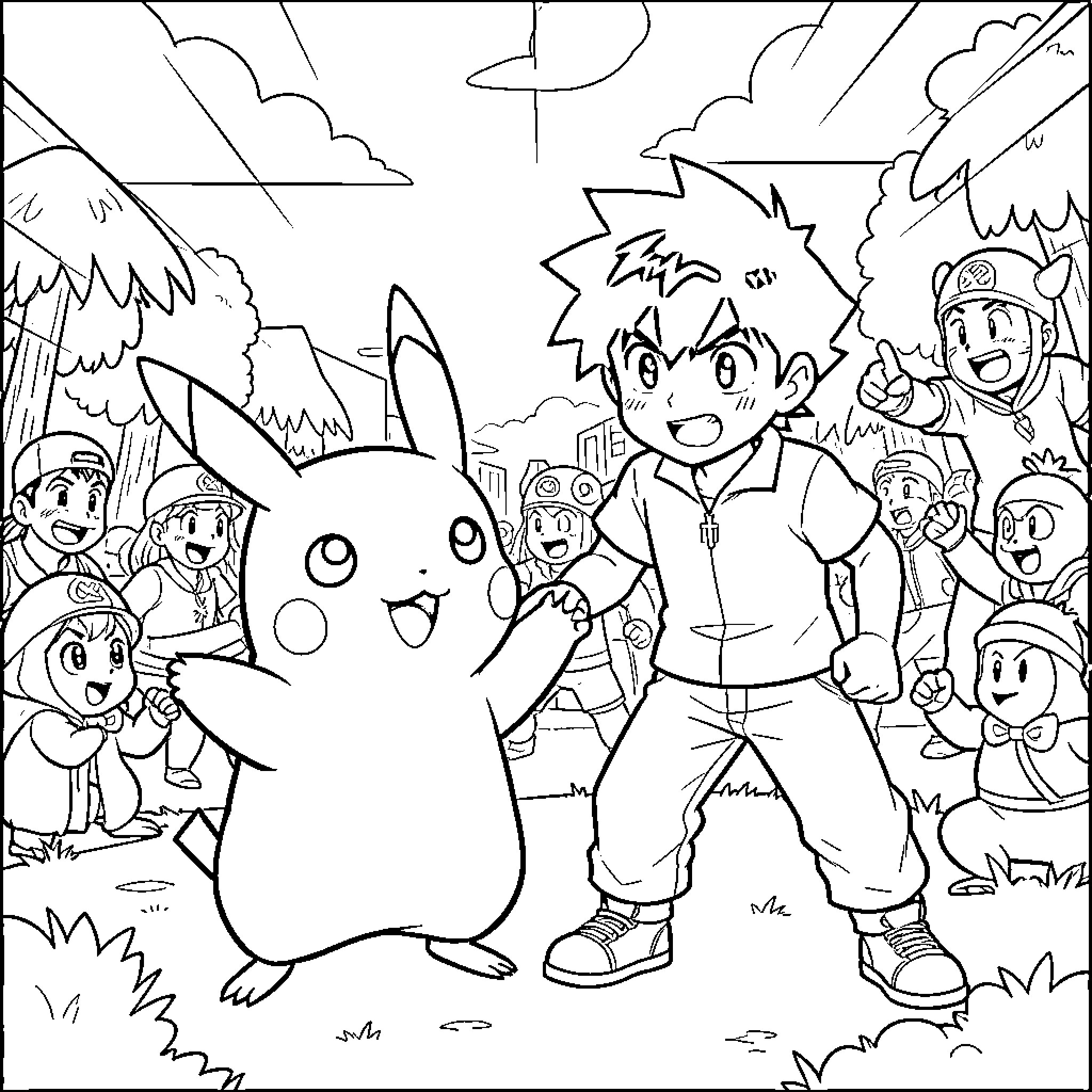 Pikachu and a trainer posing happily with friends Coloring Page (free black-and-white line drawing printable PDF for all, from beginners to advanced learners, including children, teens, adults, and seniors)