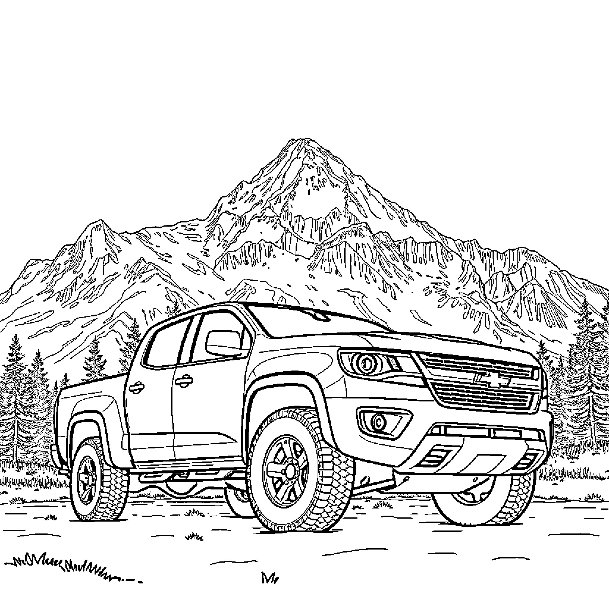 Chevy Colorado off-roading in the mountains Coloring Page (free black-and-white line drawing printable PDF for all, from beginners to advanced learners, including children, teens, adults, and seniors)