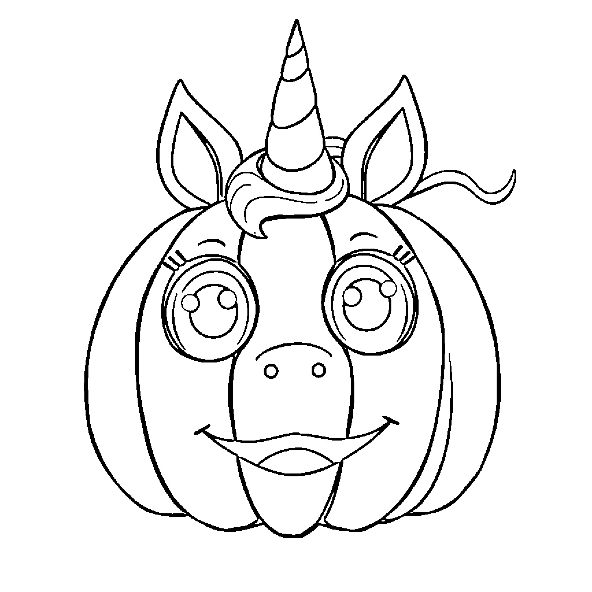 Pumpkin with a unicorn horn and happy expression Coloring Page (free black-and-white line drawing printable PDF for all, from beginners to advanced learners, including children, teens, adults, and seniors)