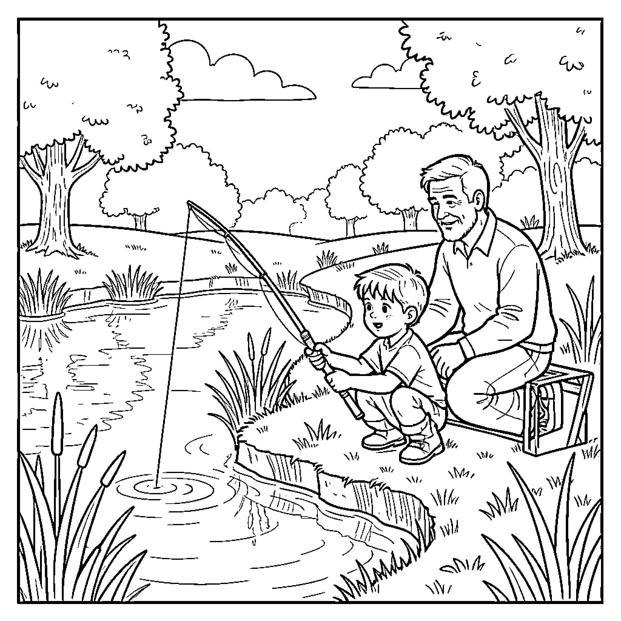 Boy fishing with his grandfather by a pond Coloring Page (free black-and-white line drawing printable PDF for all, from beginners to advanced learners, including children, teens, adults, and seniors)