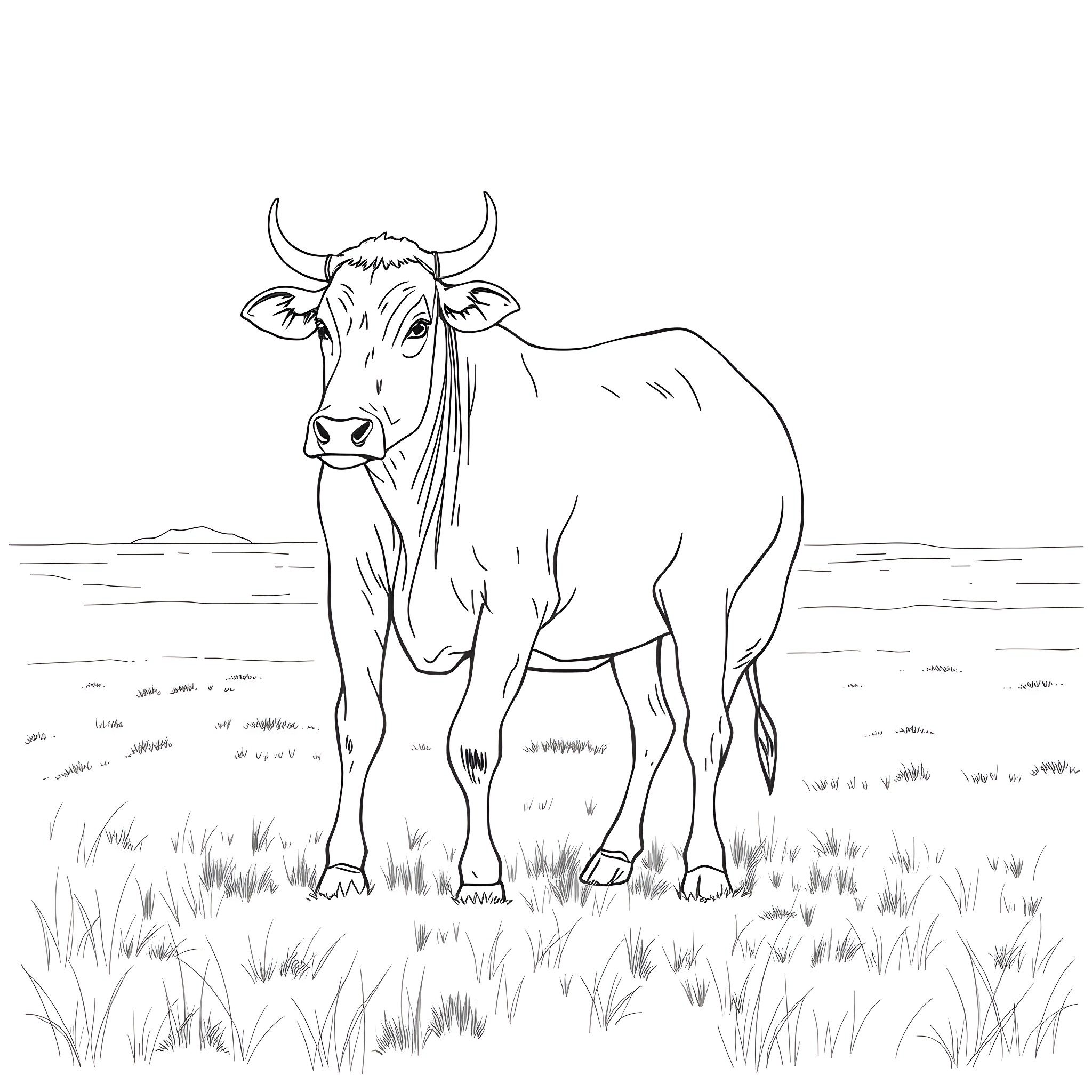 Cow standing in grassy field Coloring Page (free black-and-white line drawing printable PDF for all, from beginners to advanced learners, including children, teens, adults, and seniors)