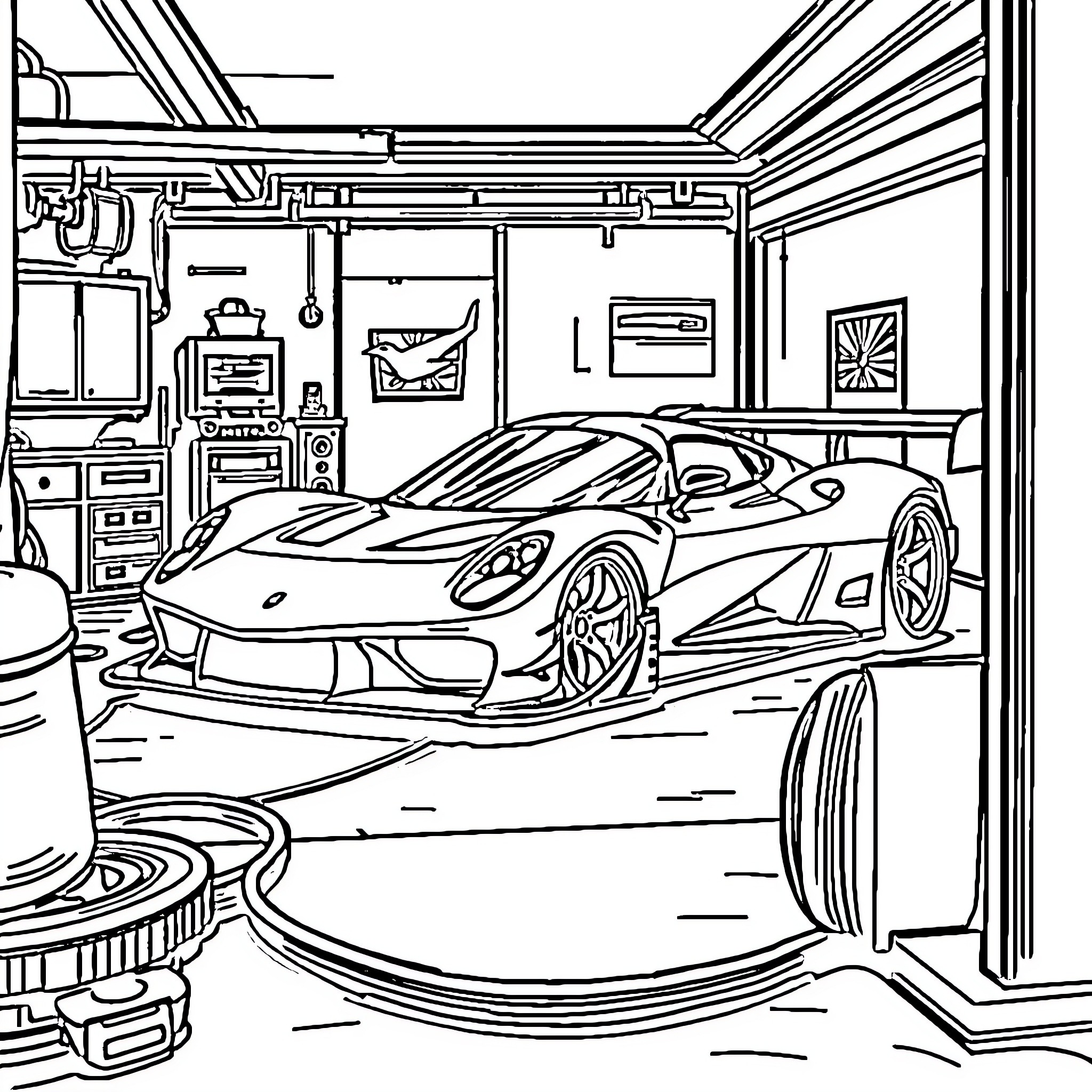 Racecar parked in garage workshop with tools Coloring Page (free black-and-white line drawing printable PDF for all, from beginners to advanced learners, including children, teens, adults, and seniors)