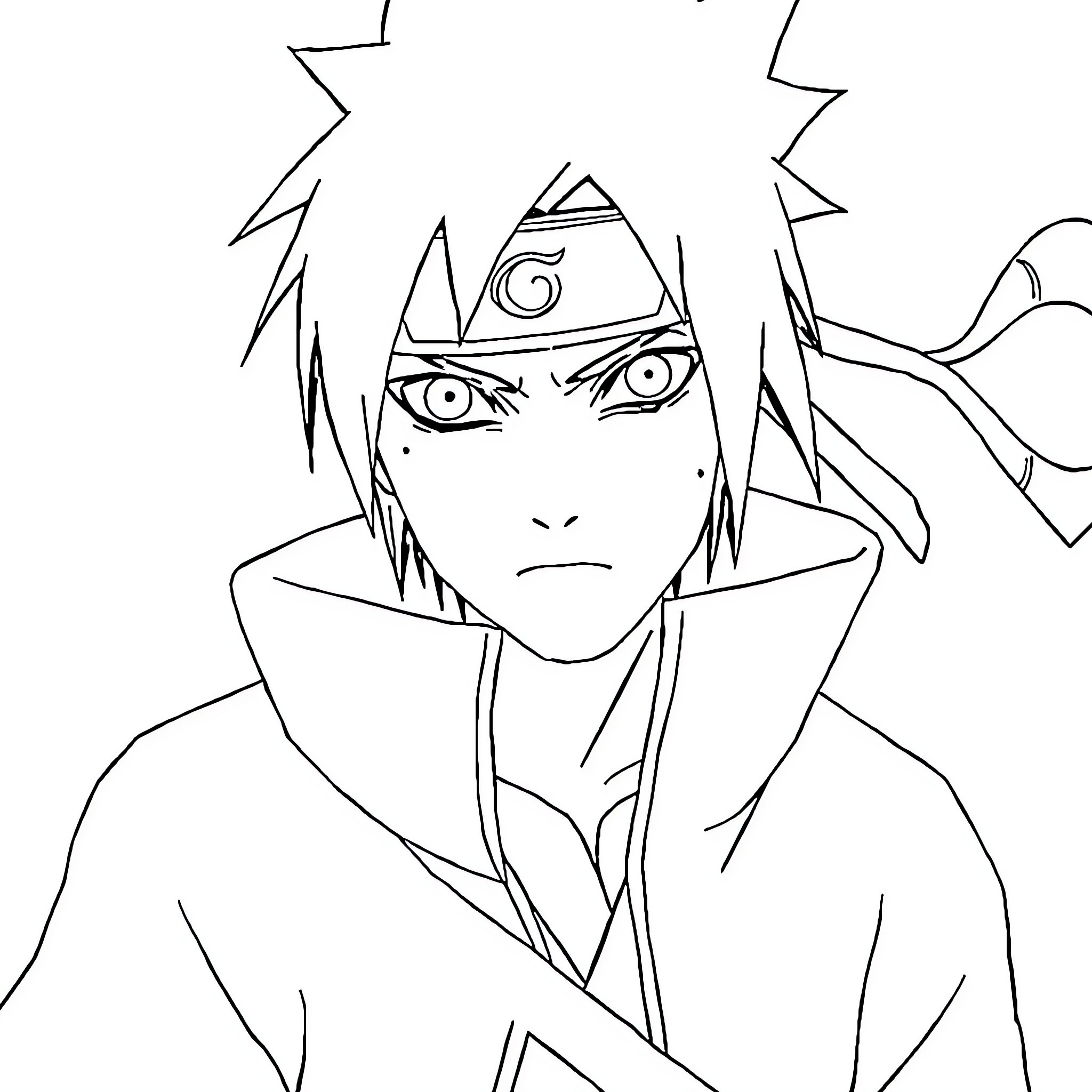 Sasuke's intense gaze and ninja attire Coloring Page (free black-and-white line drawing printable PDF for all, from beginners to advanced learners, including children, teens, adults, and seniors)