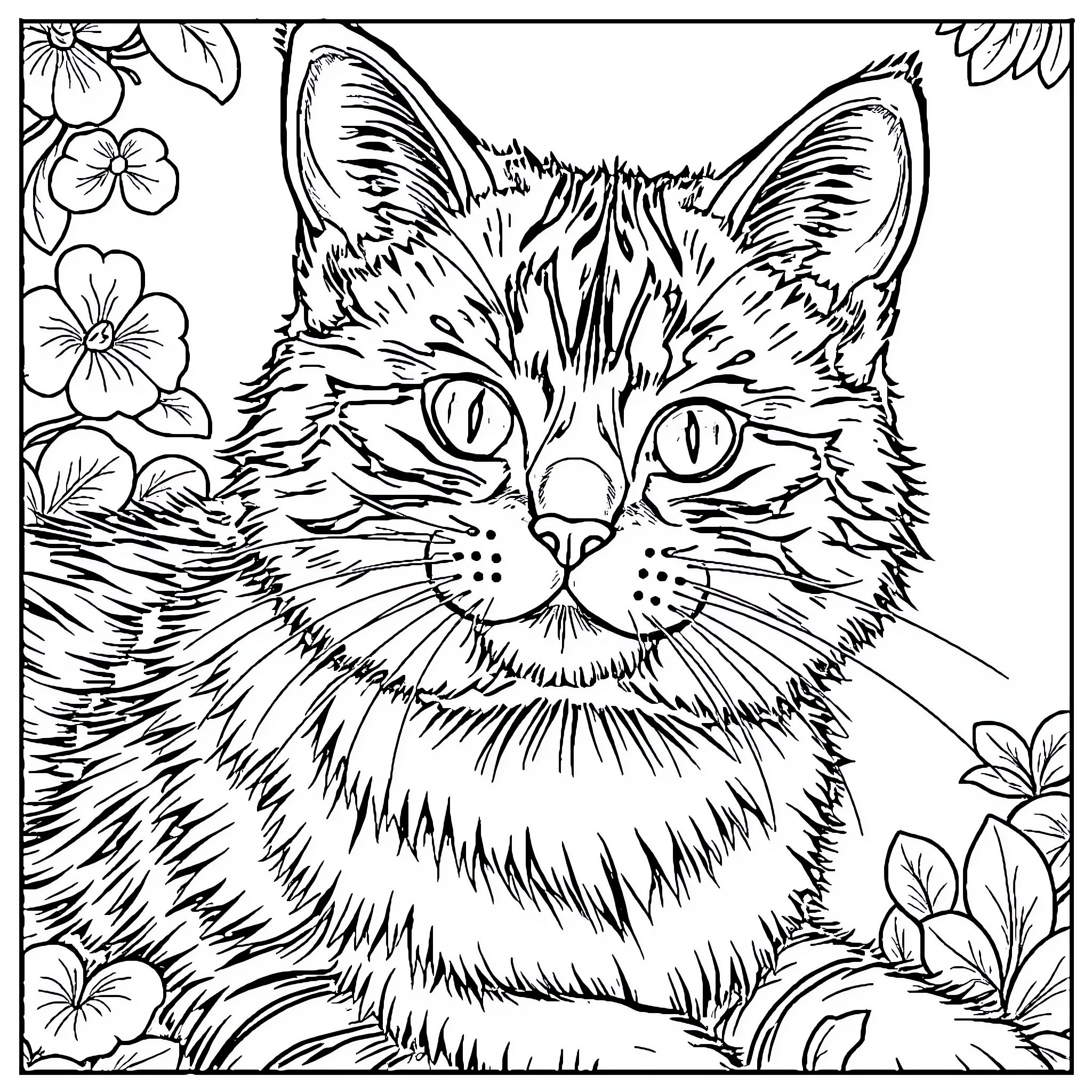 Animal with Floral Surroundings Coloring Page (free black-and-white line drawing printable PDF for all, from beginners to advanced learners, including children, teens, adults, and seniors)