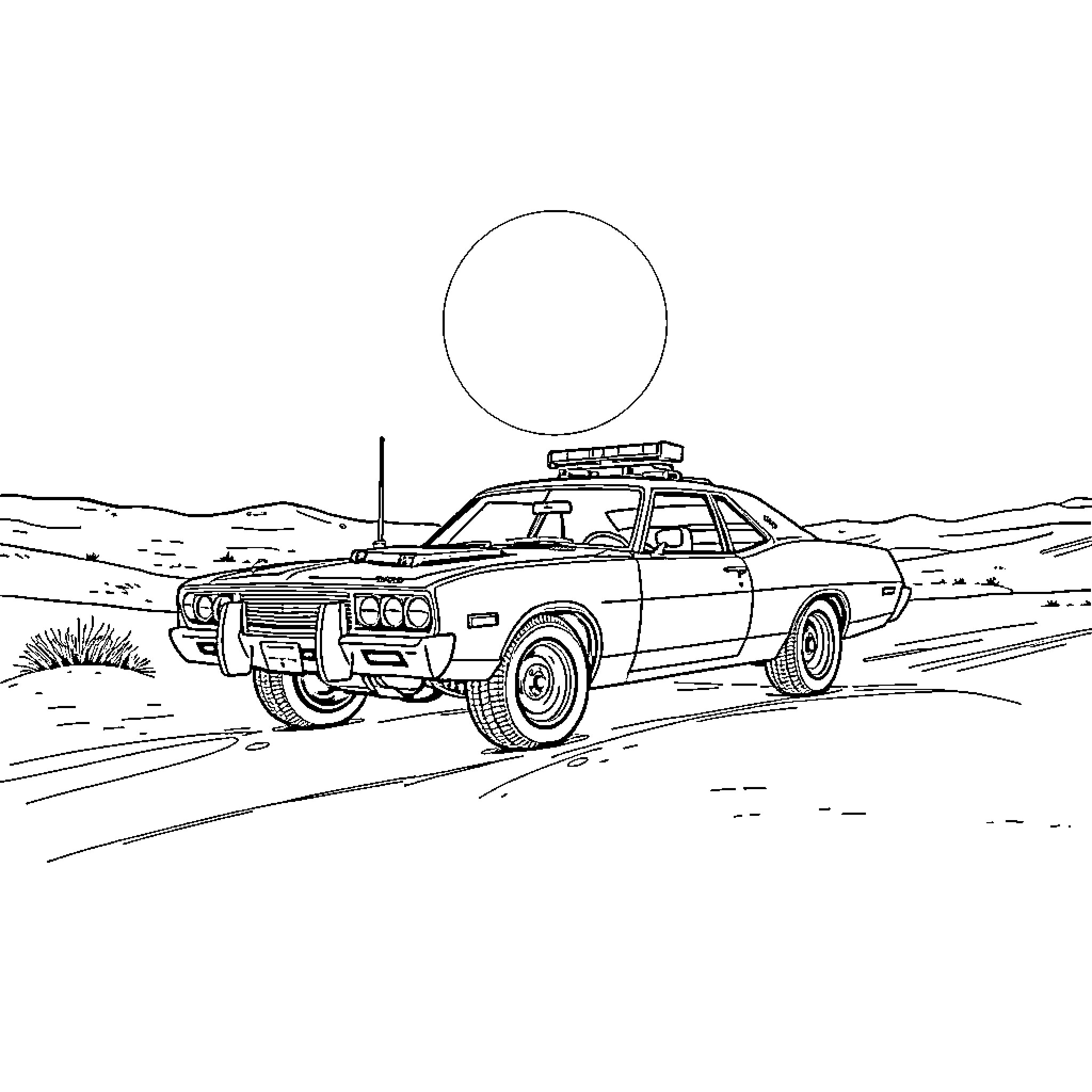 Interceptor vehicle chasing in the desert Coloring Page (free black-and-white line drawing printable PDF for all, from beginners to advanced learners, including children, teens, adults, and seniors)