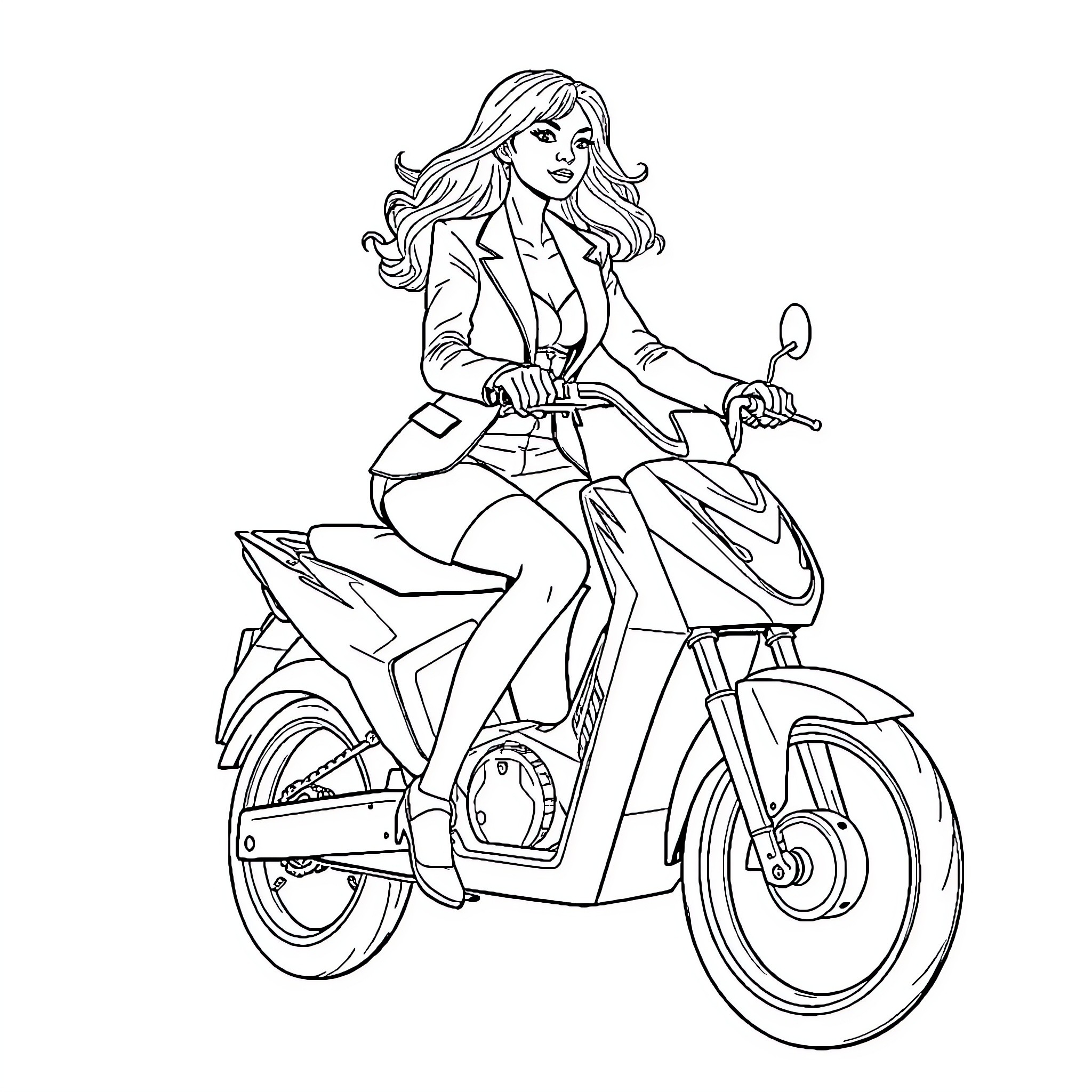 Monociclo - Woman riding a motorcycle in stylish outfit Coloring Page (free black-and-white line drawing printable PDF for all, from beginners to advanced learners, including children, teens, adults, and seniors)