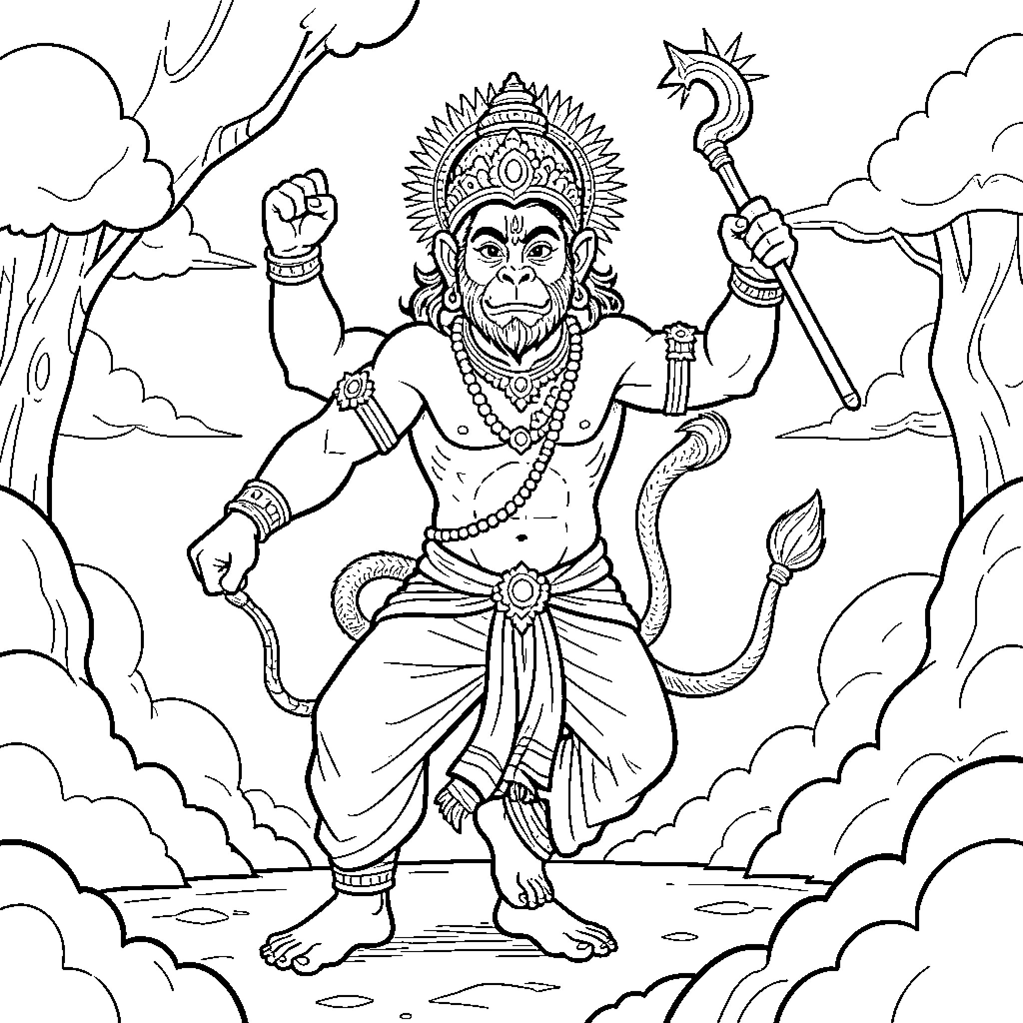 Hanuman standing powerfully holding a mace in a forest Coloring Page (free black-and-white line drawing printable PDF for all, from beginners to advanced learners, including children, teens, adults, and seniors)