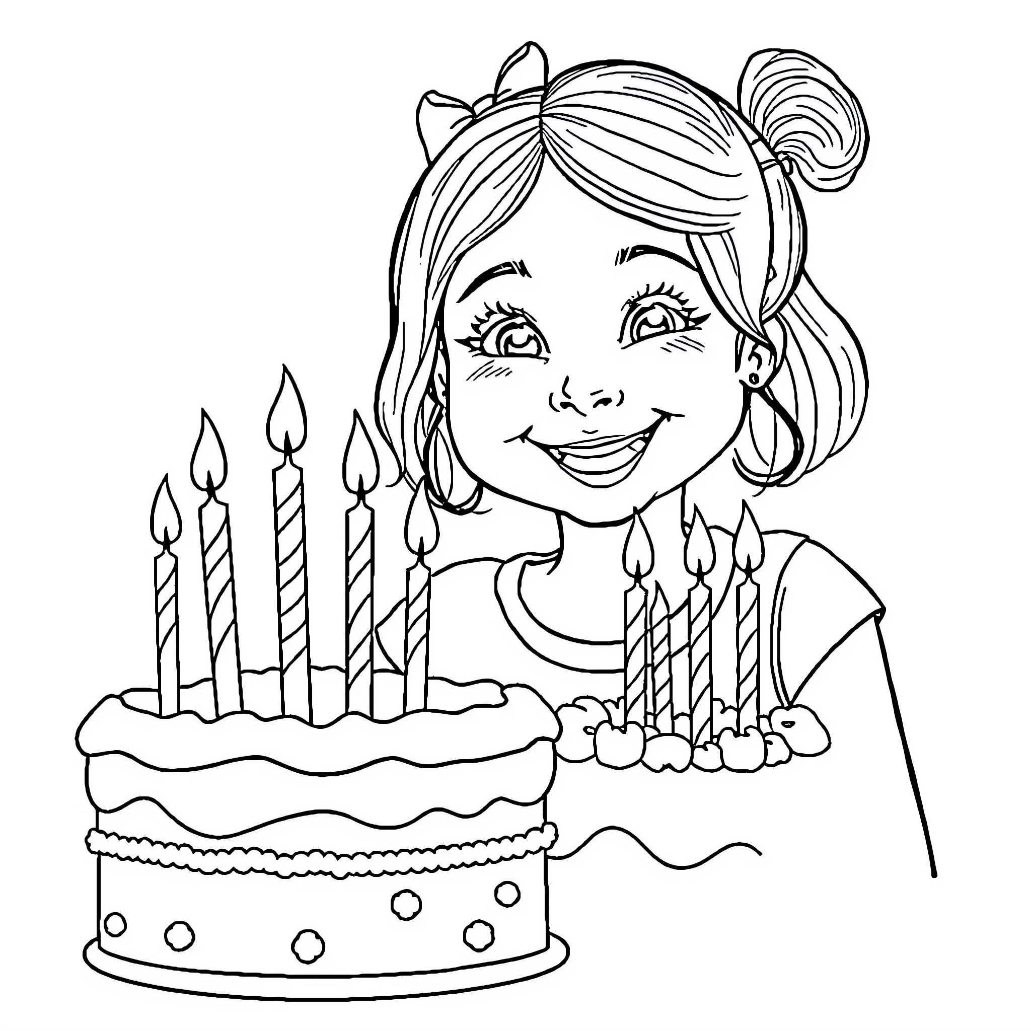 Girl celebrating birthday with cake and candles Coloring Page (free black-and-white line drawing printable PDF for all, from beginners to advanced learners, including children, teens, adults, and seniors)