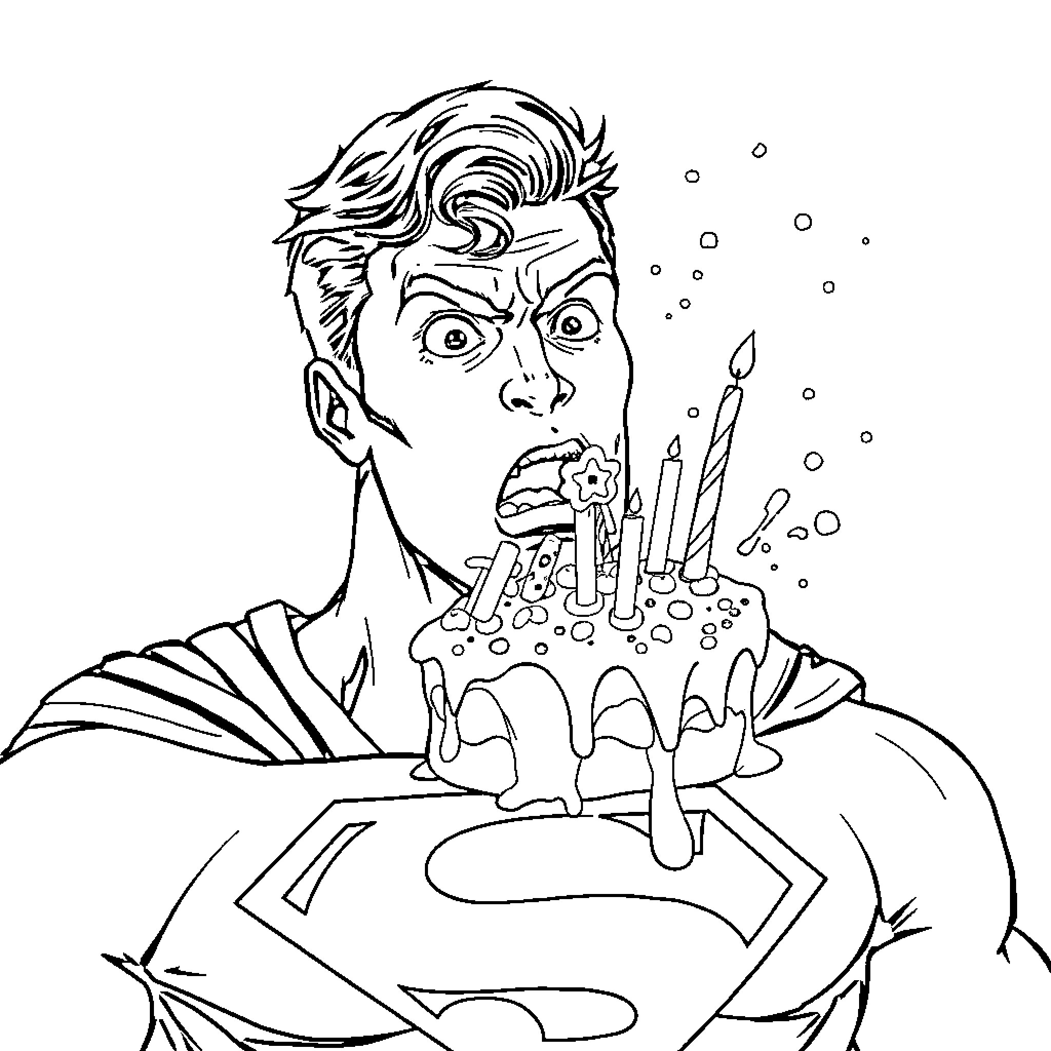 Superman Celebrates His Birthday with Cake and Candles Coloring Page (free black-and-white line drawing printable PDF for all, from beginners to advanced learners, including children, teens, adults, and seniors)