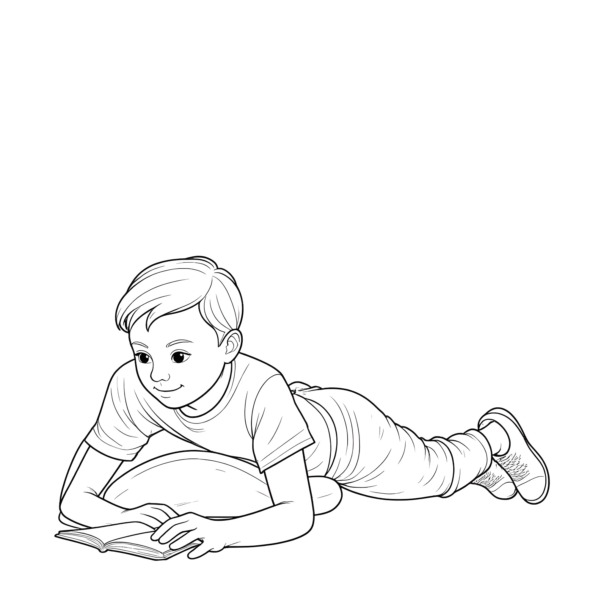 Boy reading a book while lying on the floor Coloring Page (free black-and-white line drawing printable PDF for all, from beginners to advanced learners, including children, teens, adults, and seniors)