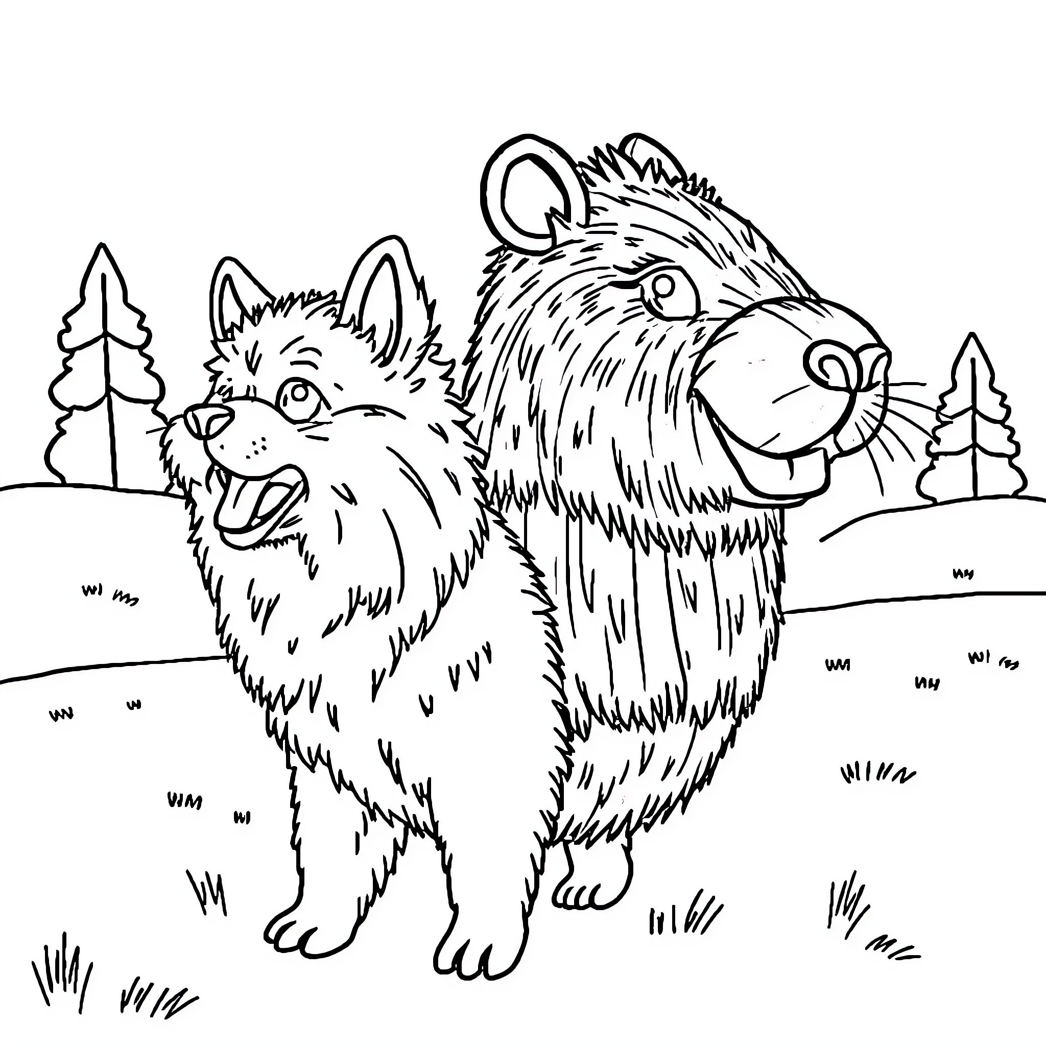 Capybara friends enjoying the outdoors Coloring Page (free black-and-white line drawing printable PDF for all, from beginners to advanced learners, including children, teens, adults, and seniors)