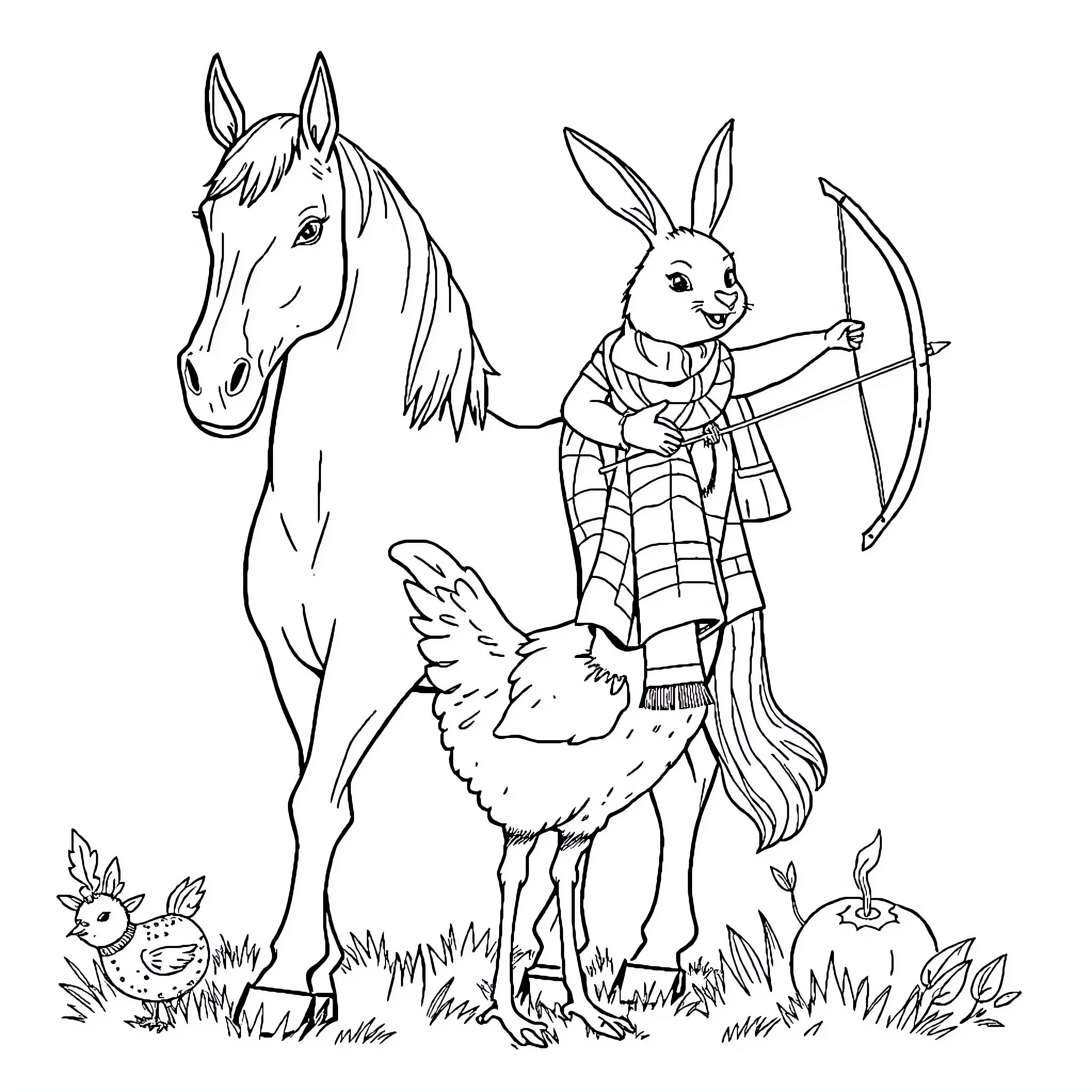 Horse and Archer Rabbit in Pastoral Scene Coloring Page (free black-and-white line drawing printable PDF for all, from beginners to advanced learners, including children, teens, adults, and seniors)