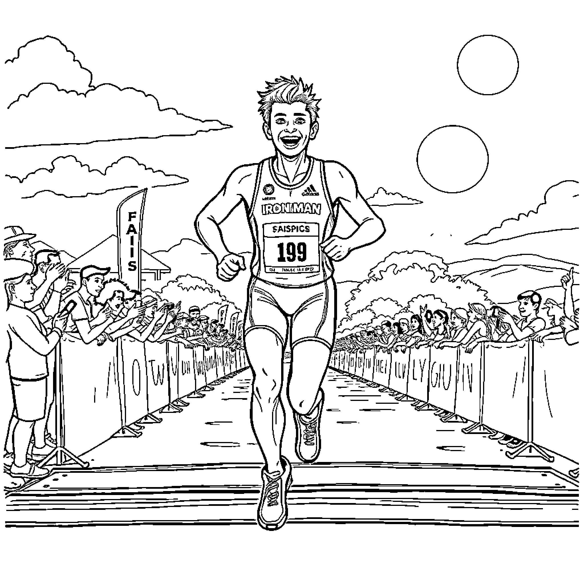 Triathlete sprinting towards the finish line Coloring Page (free black-and-white line drawing printable PDF for all, from beginners to advanced learners, including children, teens, adults, and seniors)