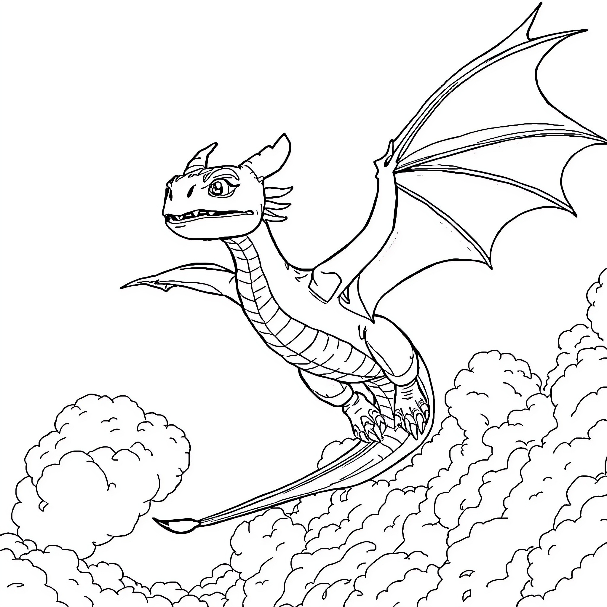 Dragon soaring through the clouds Coloring Page (free black-and-white line drawing printable PDF for all, from beginners to advanced learners, including children, teens, adults, and seniors)