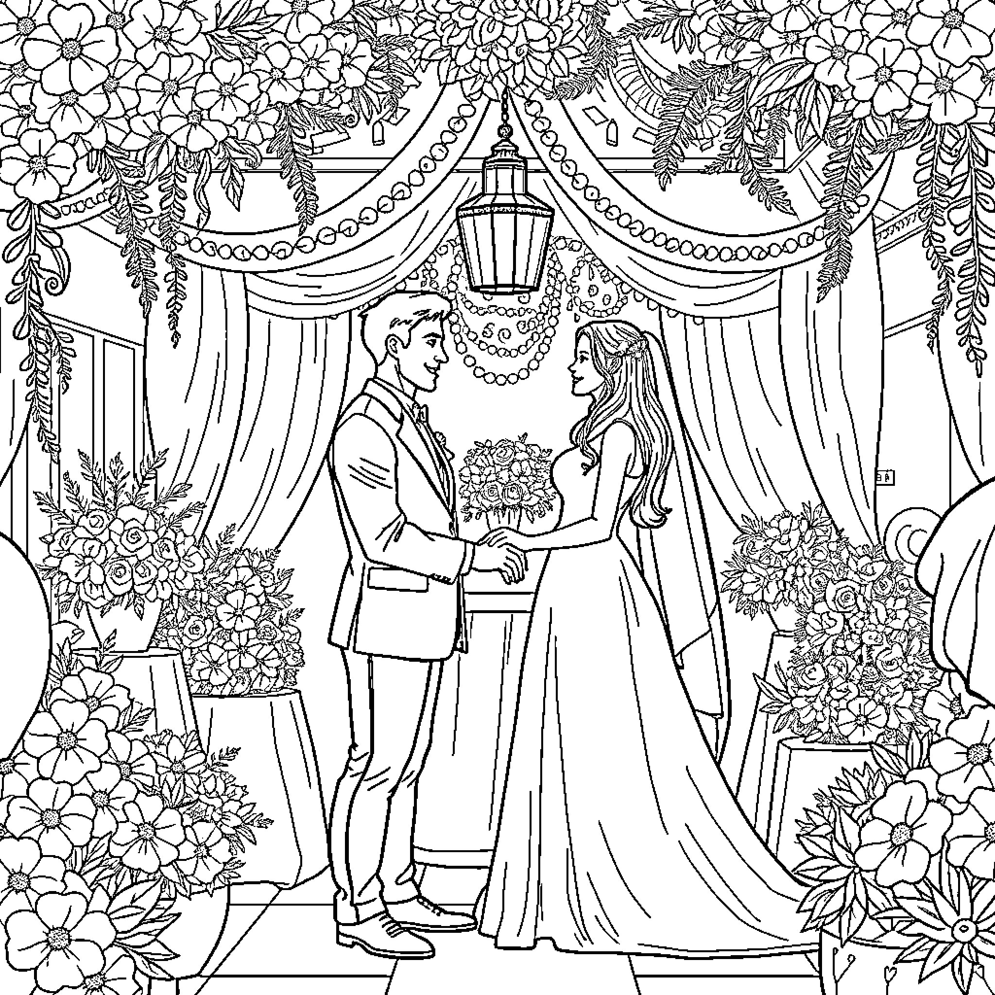 Wedding Ceremony with Elaborate Floral Decor Coloring Page (free black-and-white line drawing printable PDF for all, from beginners to advanced learners, including children, teens, adults, and seniors)
