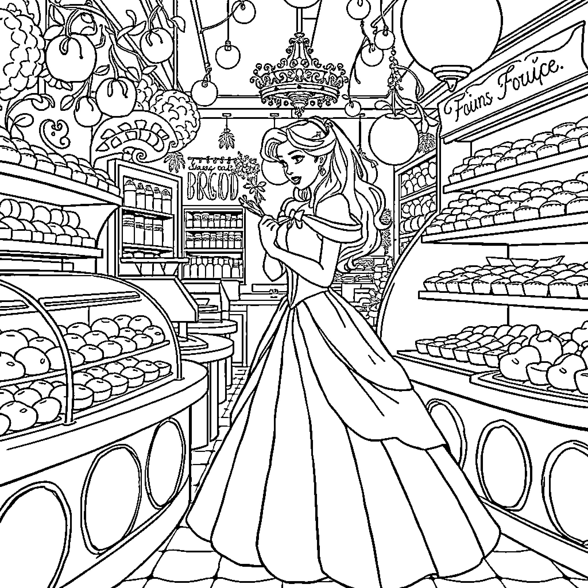Princess Shopping for Delightful Treats in Market Coloring Page (free black-and-white line drawing printable PDF for all, from beginners to advanced learners, including children, teens, adults, and seniors)