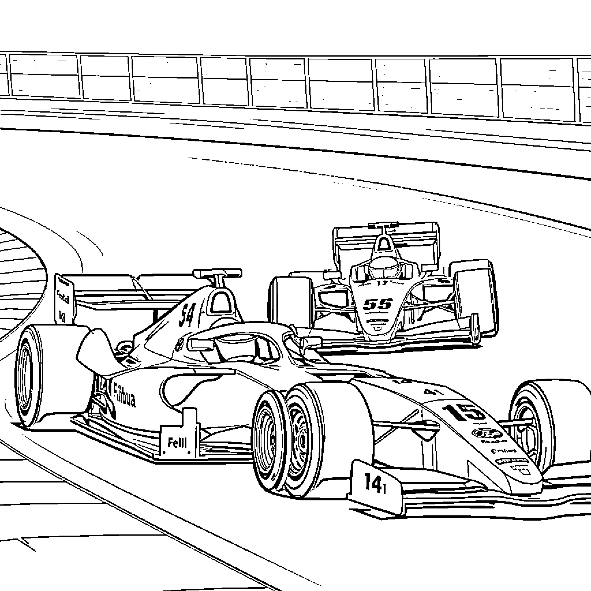 F1 Cars Racing on Track Coloring Page (free black-and-white line drawing printable PDF for all, from beginners to advanced learners, including children, teens, adults, and seniors)