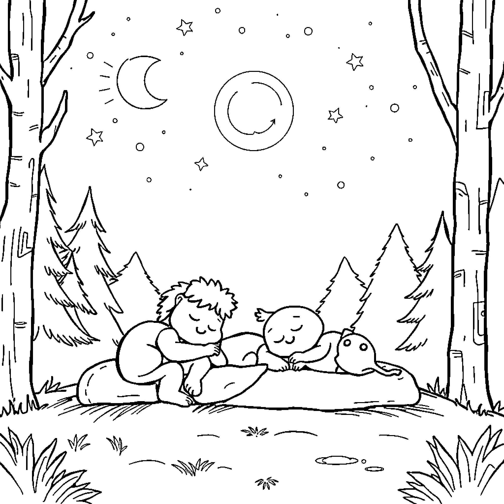 Robot friends enjoying starry night in forest Coloring Page (free black-and-white line drawing printable PDF for all, from beginners to advanced learners, including children, teens, adults, and seniors)